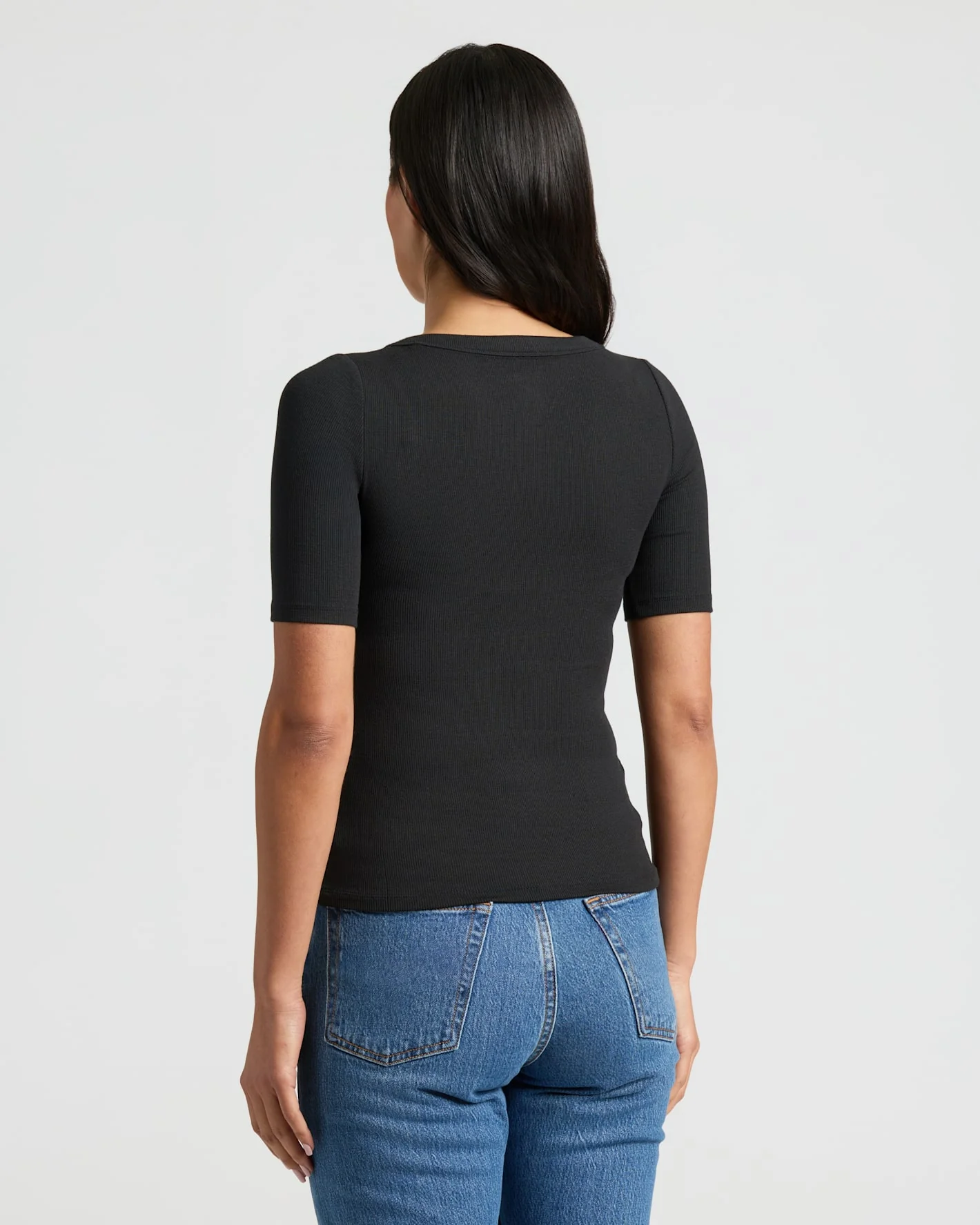 Womens Black Ribbed 3/4 Sleeve Scoop Neck Tee - Image 4