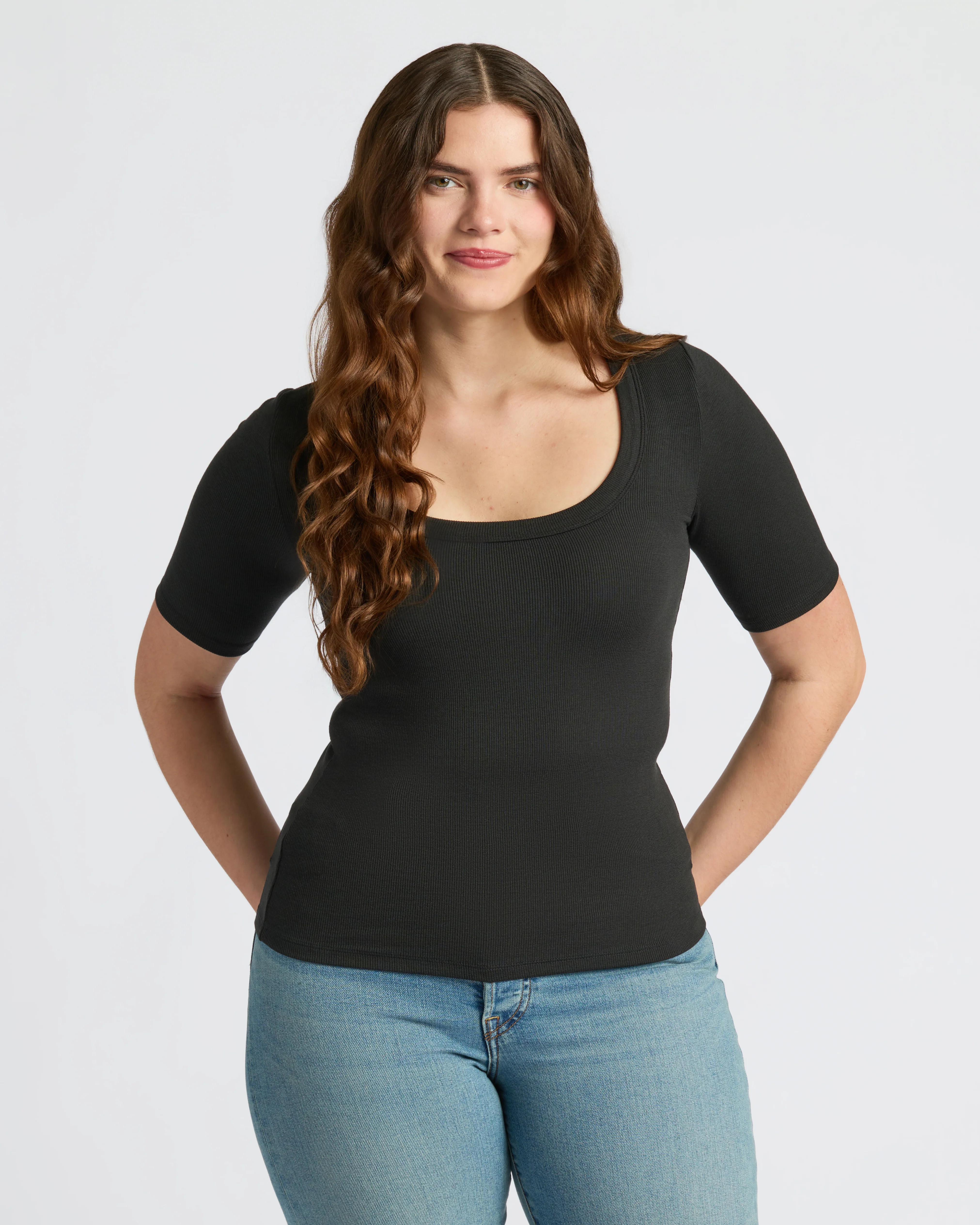 Womens Black Ribbed 3/4 Sleeve Scoop Neck Tee - Image 7