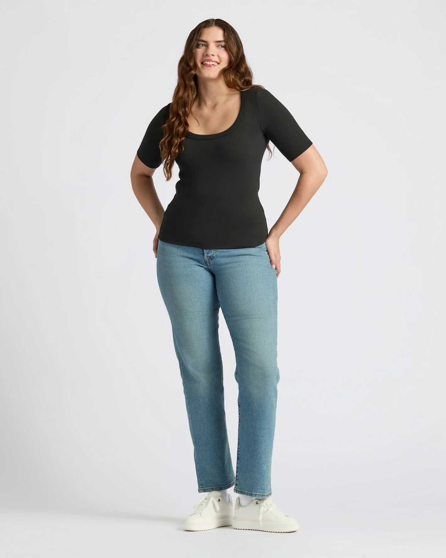 Womens Black Ribbed 3/4 Sleeve Scoop Neck Tee - Image 8
