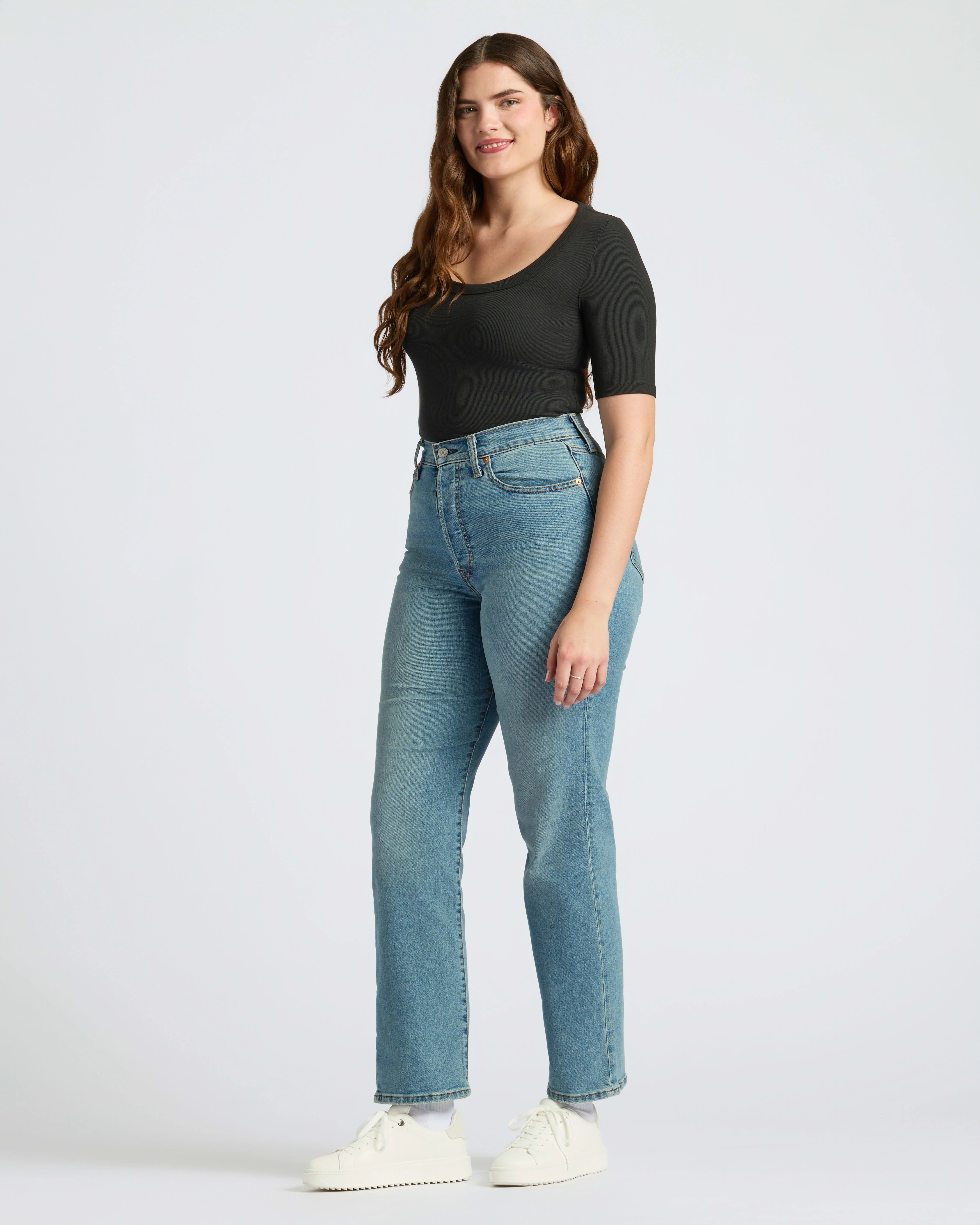 Womens Black Ribbed 3/4 Sleeve Scoop Neck Tee - Image 9