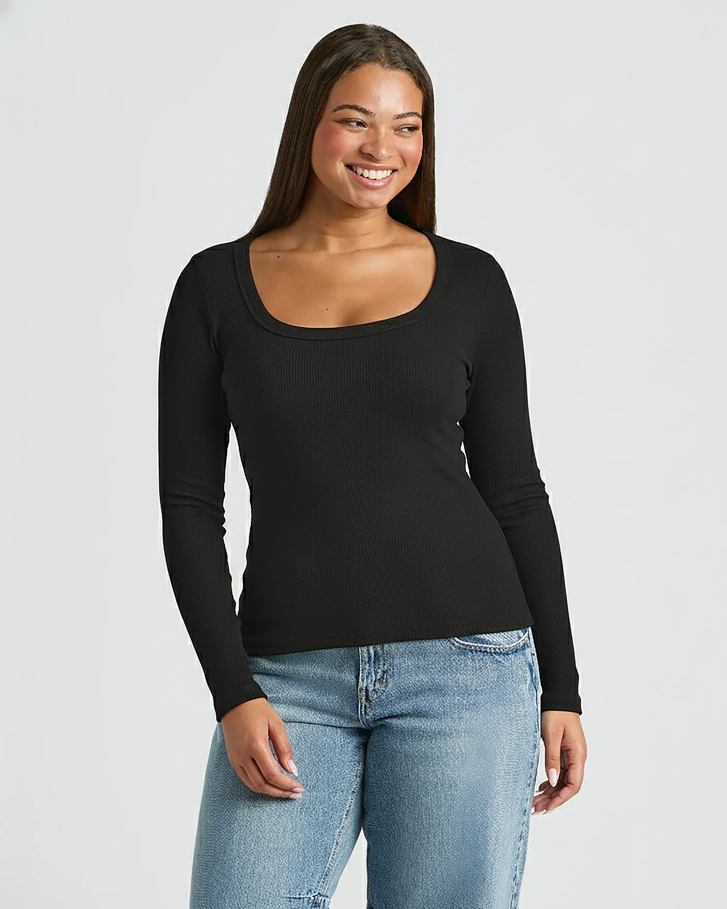 Womens Black Ribbed Long Sleeve Scoop Neck Tee - Image 7