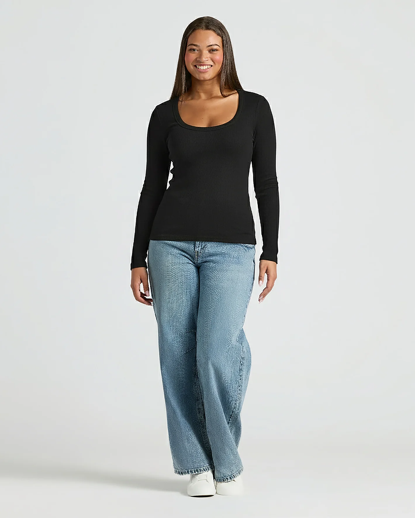 Womens Black Ribbed Long Sleeve Scoop Neck Tee - Image 8
