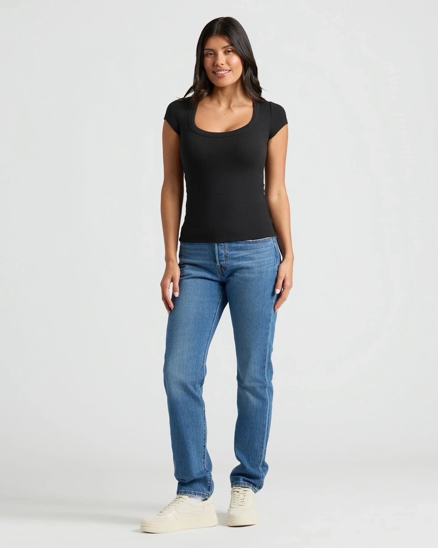 Womens Black Ribbed U-Neck Tee - Image 3