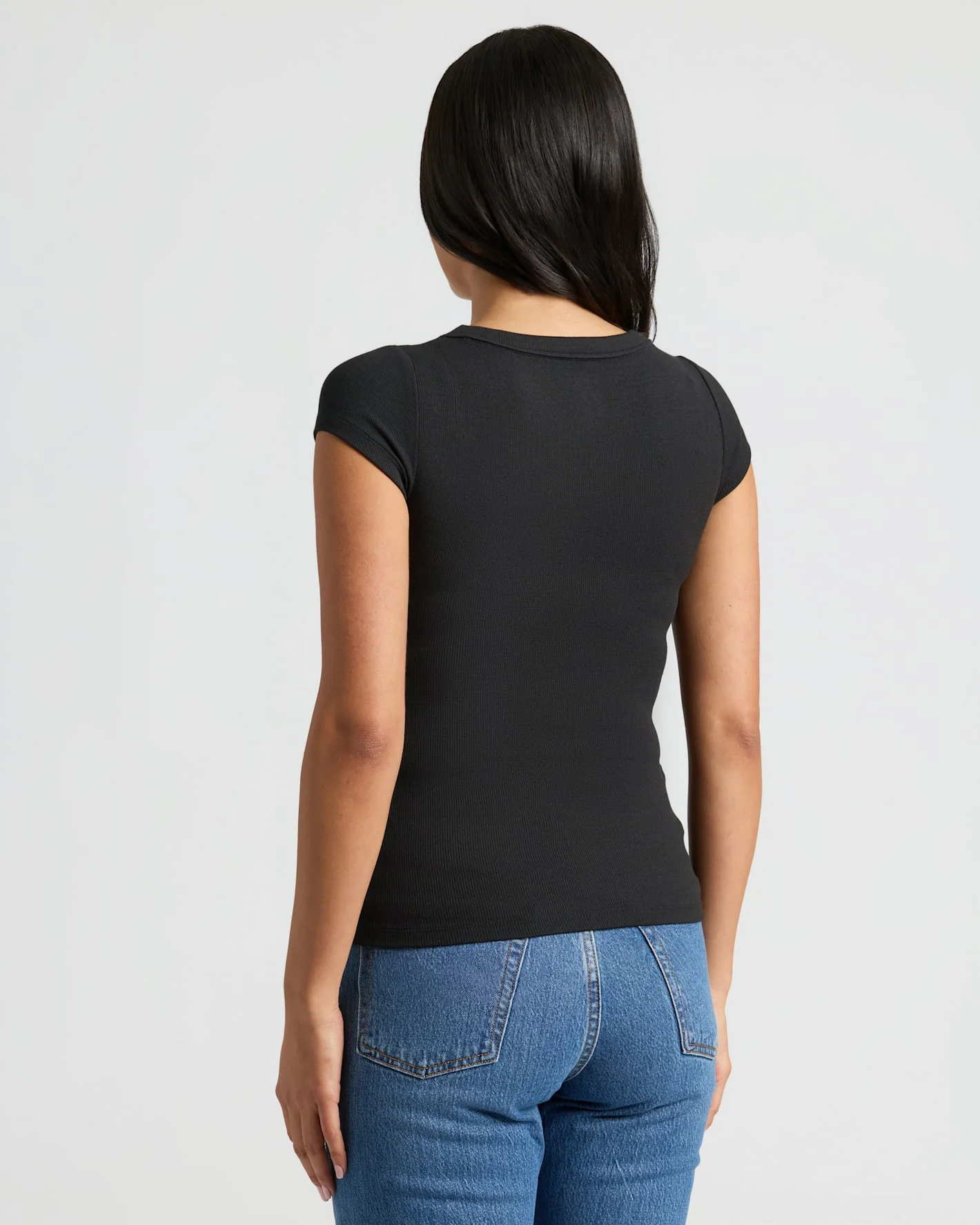 Womens Black Ribbed U-Neck Tee - Image 4