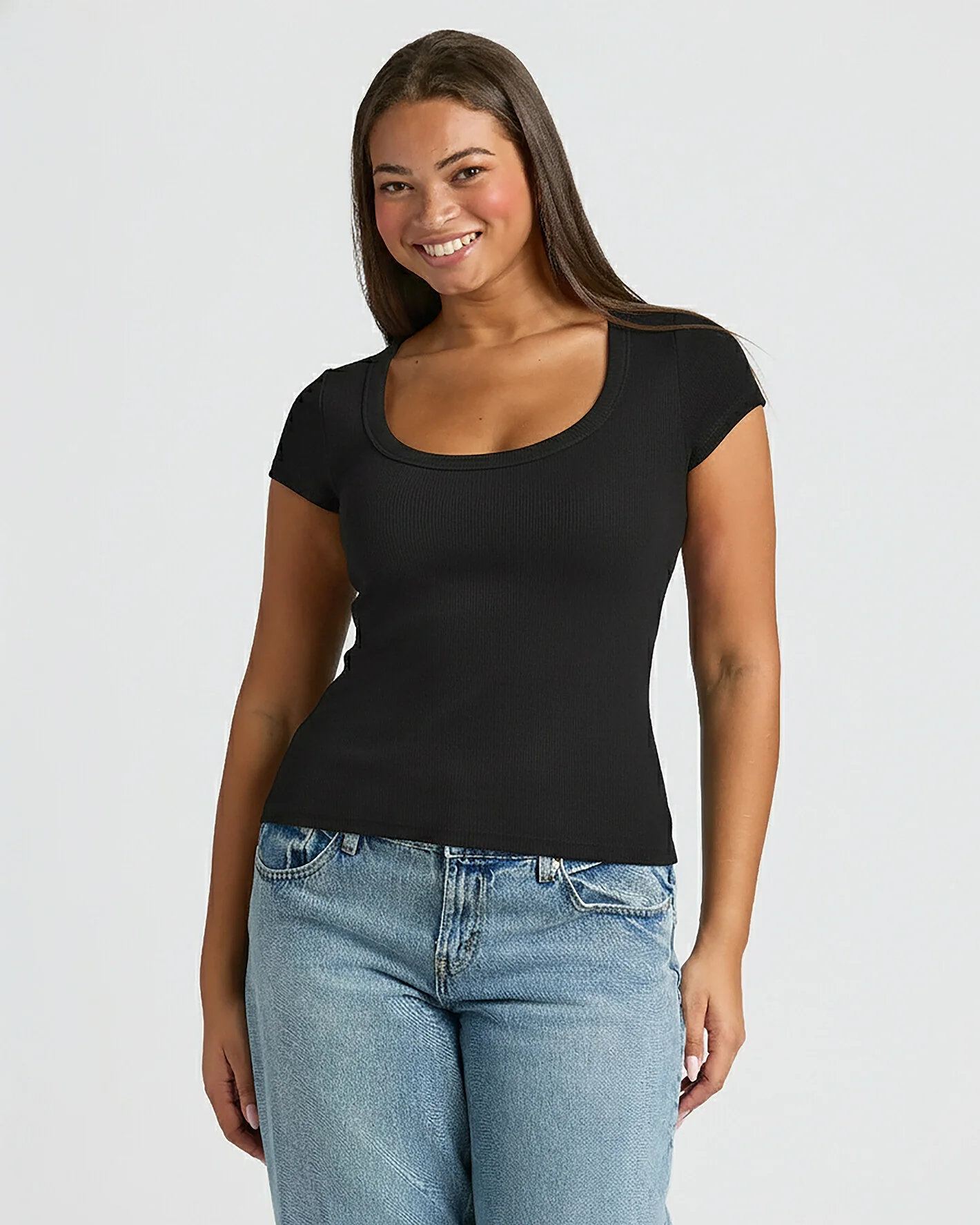 Womens Black Ribbed U-Neck Tee - Image 7