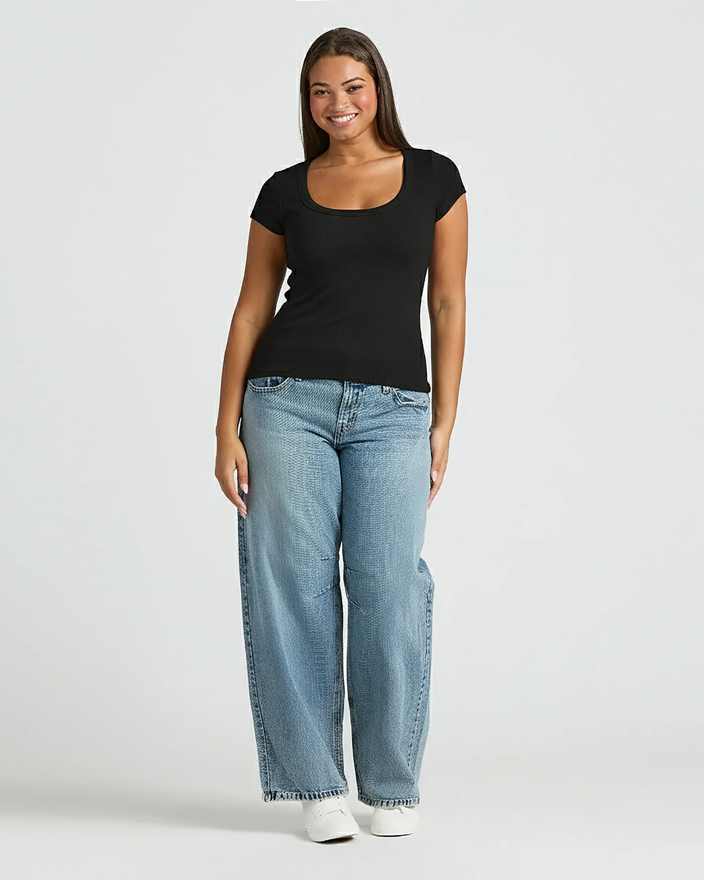 Womens Black Ribbed U-Neck Tee - Image 8