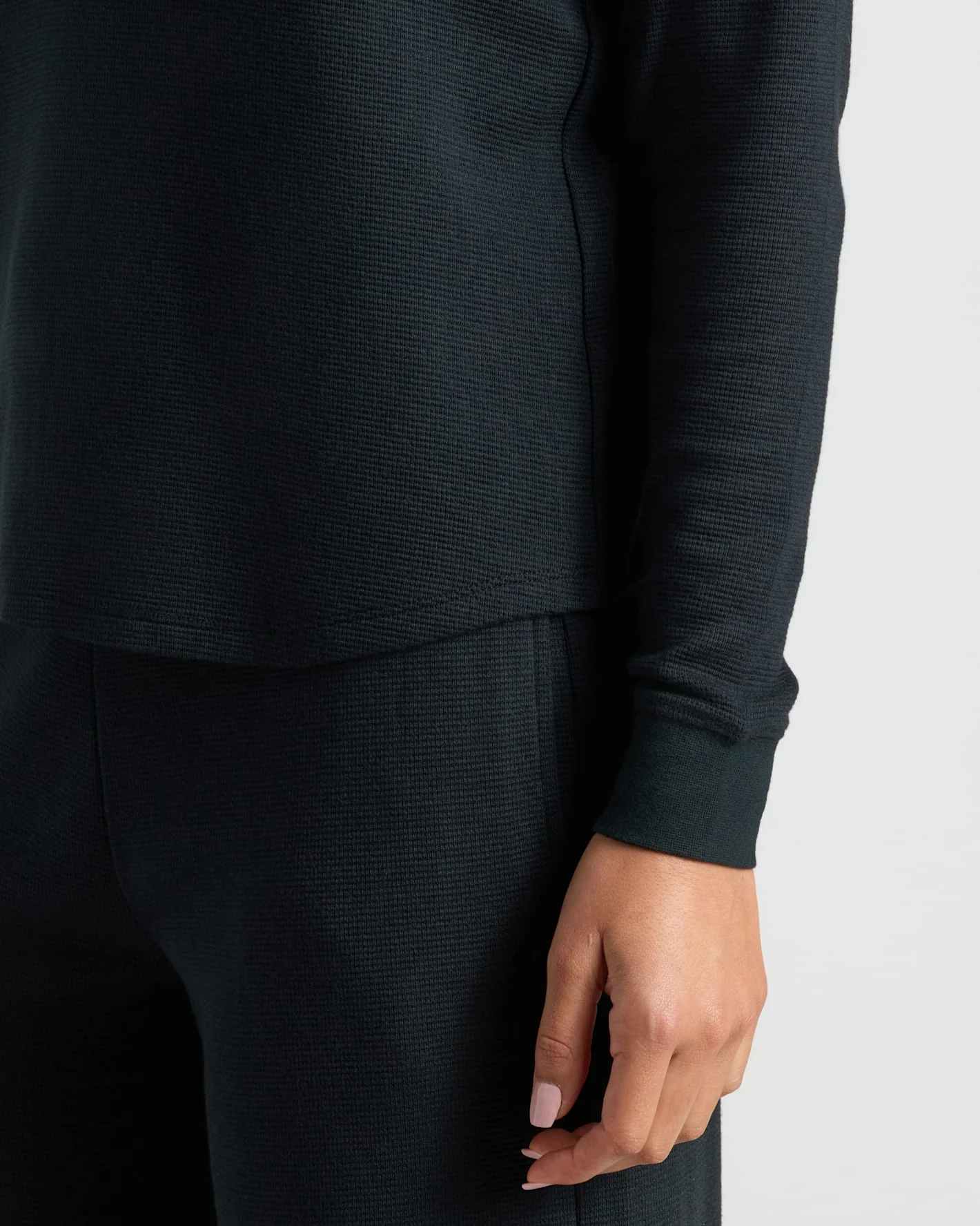 Womens Black Waffle Long Sleeve Boxy Henley - Image 5