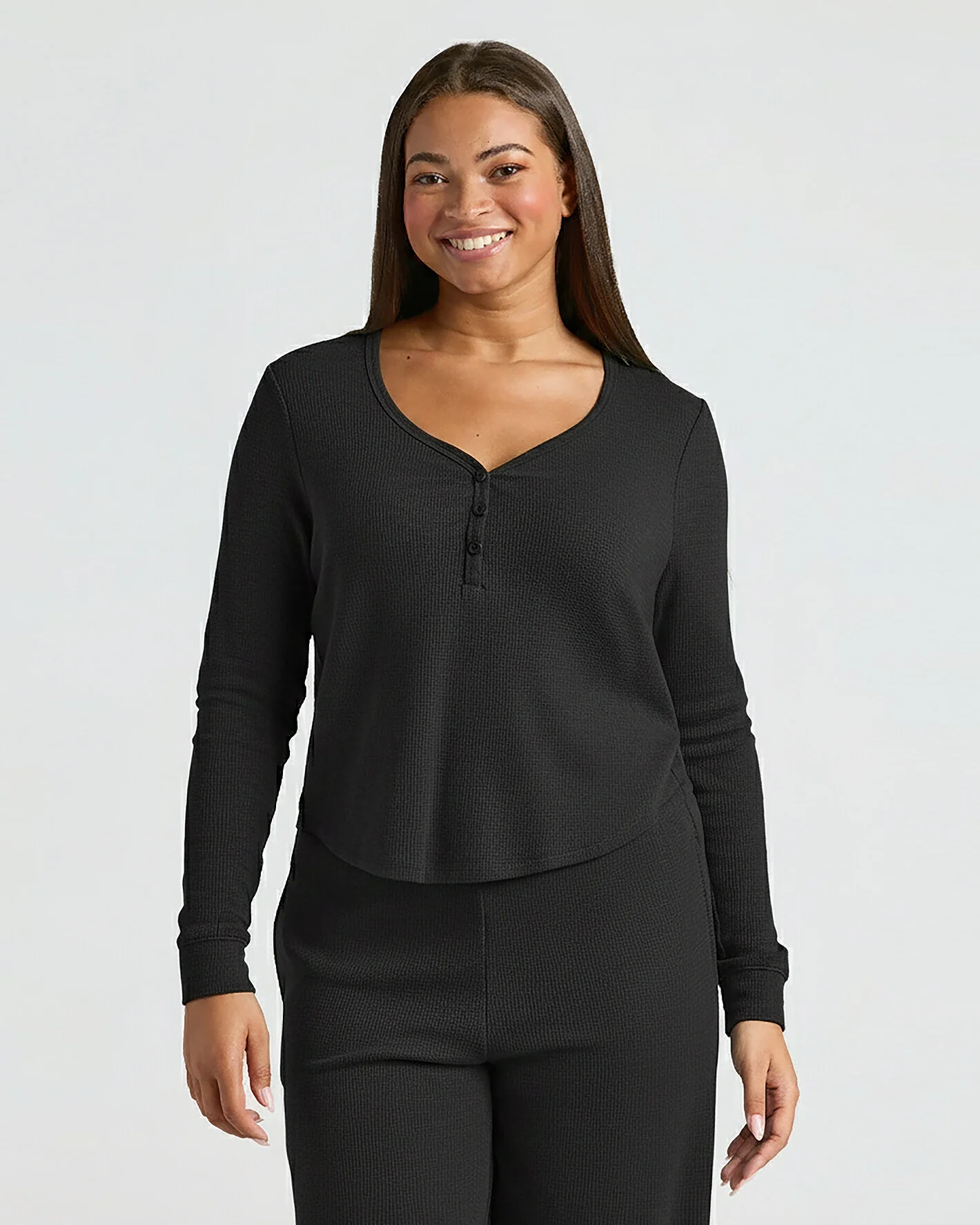 Womens Black Waffle Long Sleeve Boxy Henley - Image 6