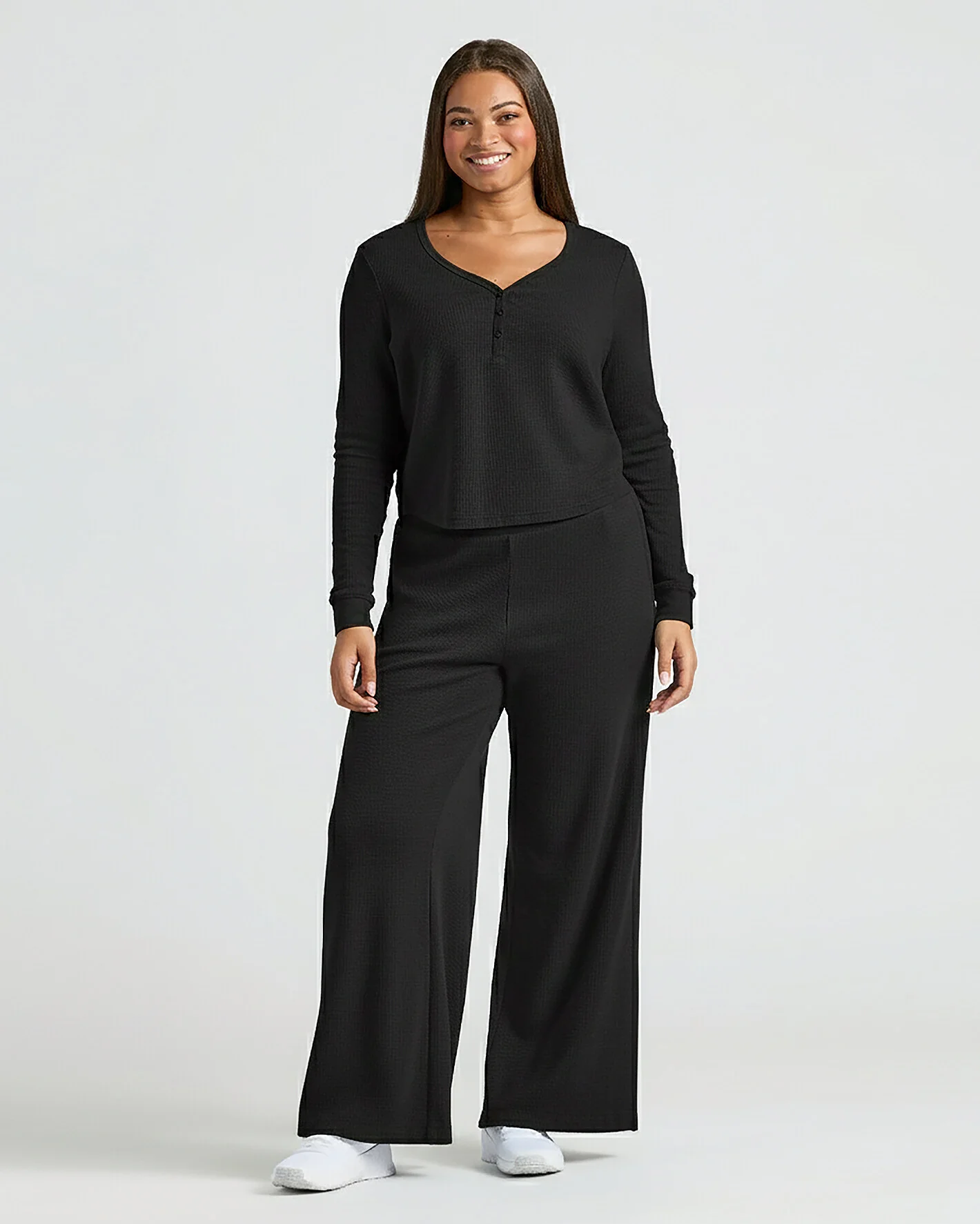 Womens Black Waffle Long Sleeve Boxy Henley - Image 7