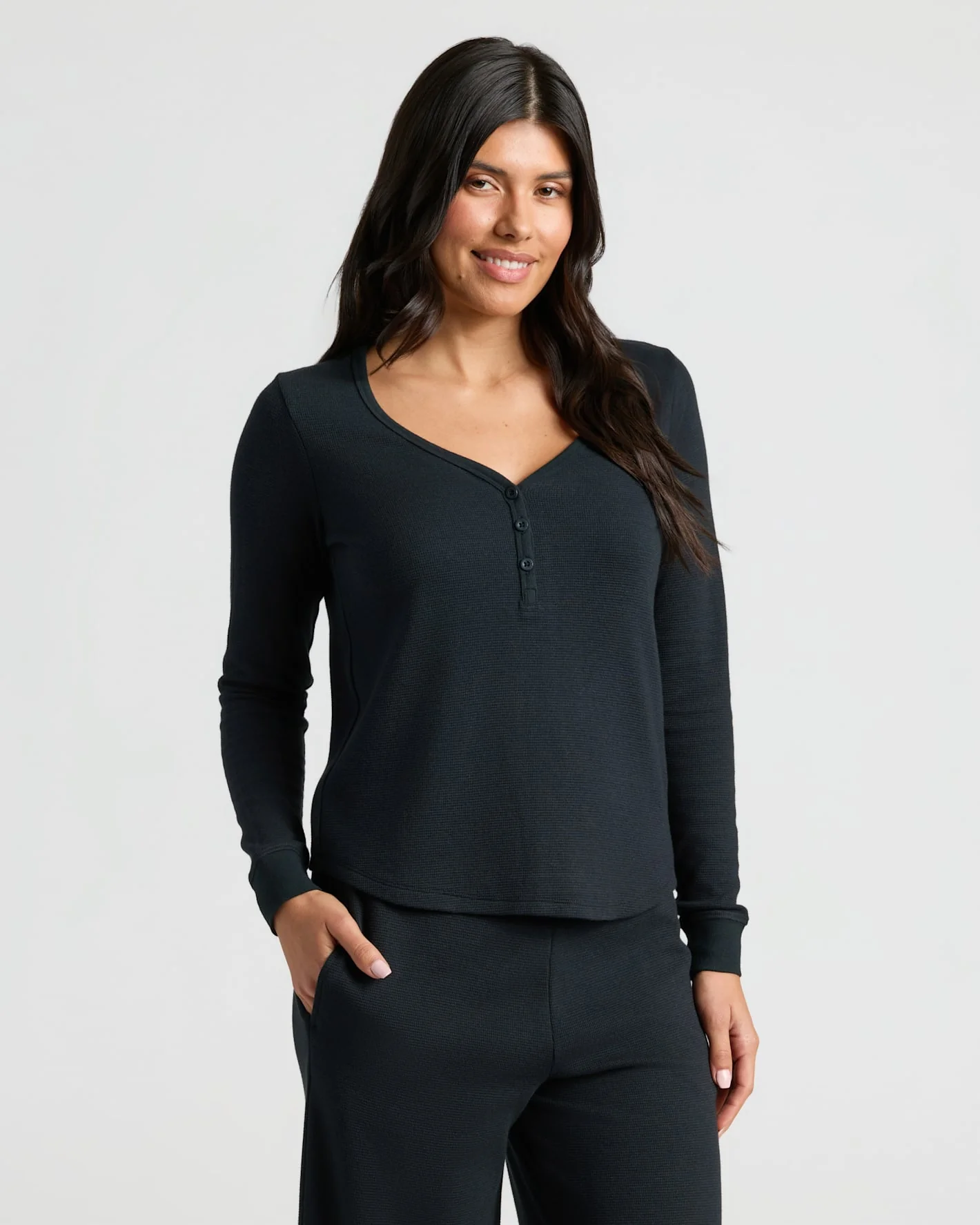 Womens Black Waffle Long Sleeve Henley & Waffle Leg Pant 2-Pack - Image 3