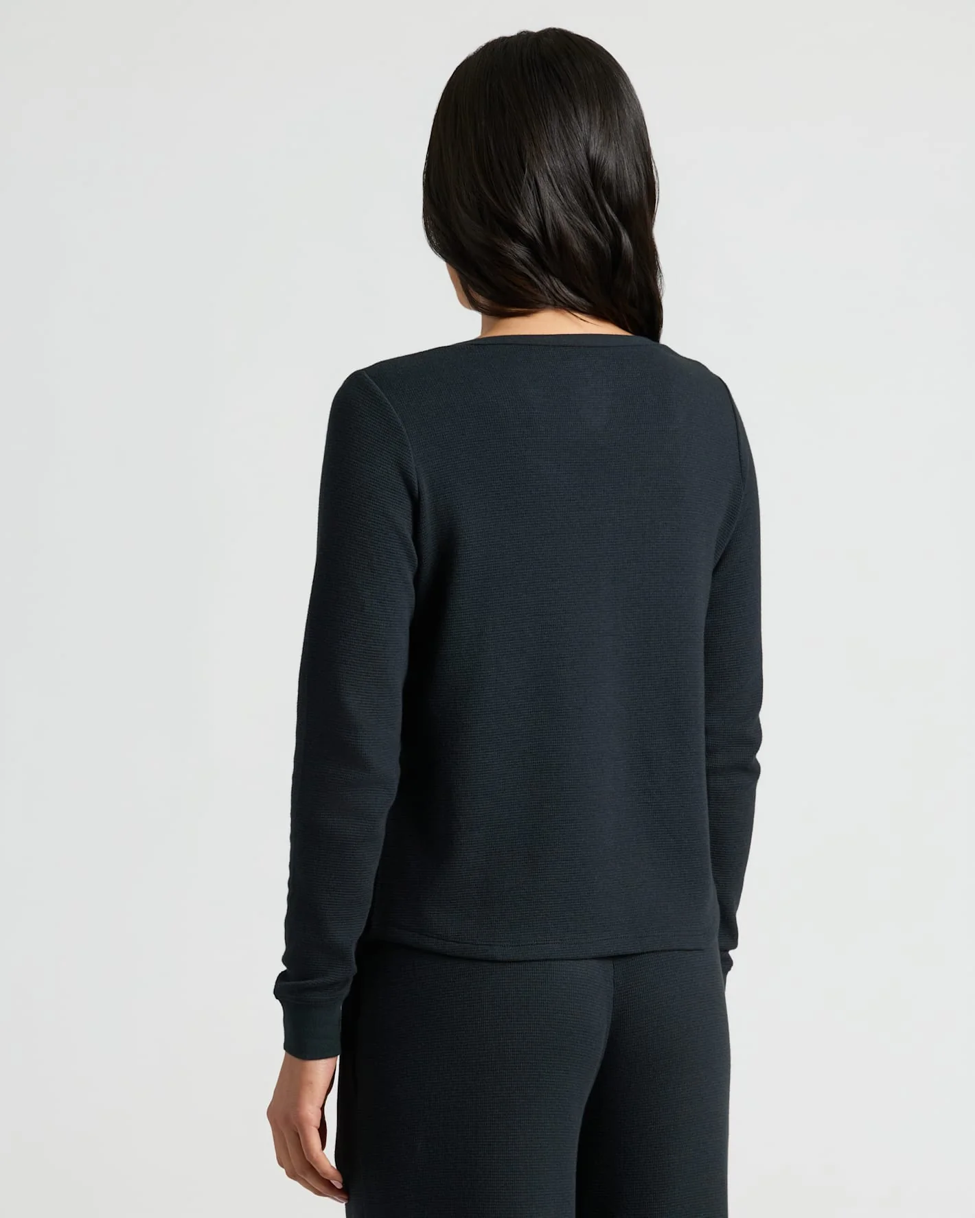 Womens Black Waffle Long Sleeve Boxy Henley - Image 3