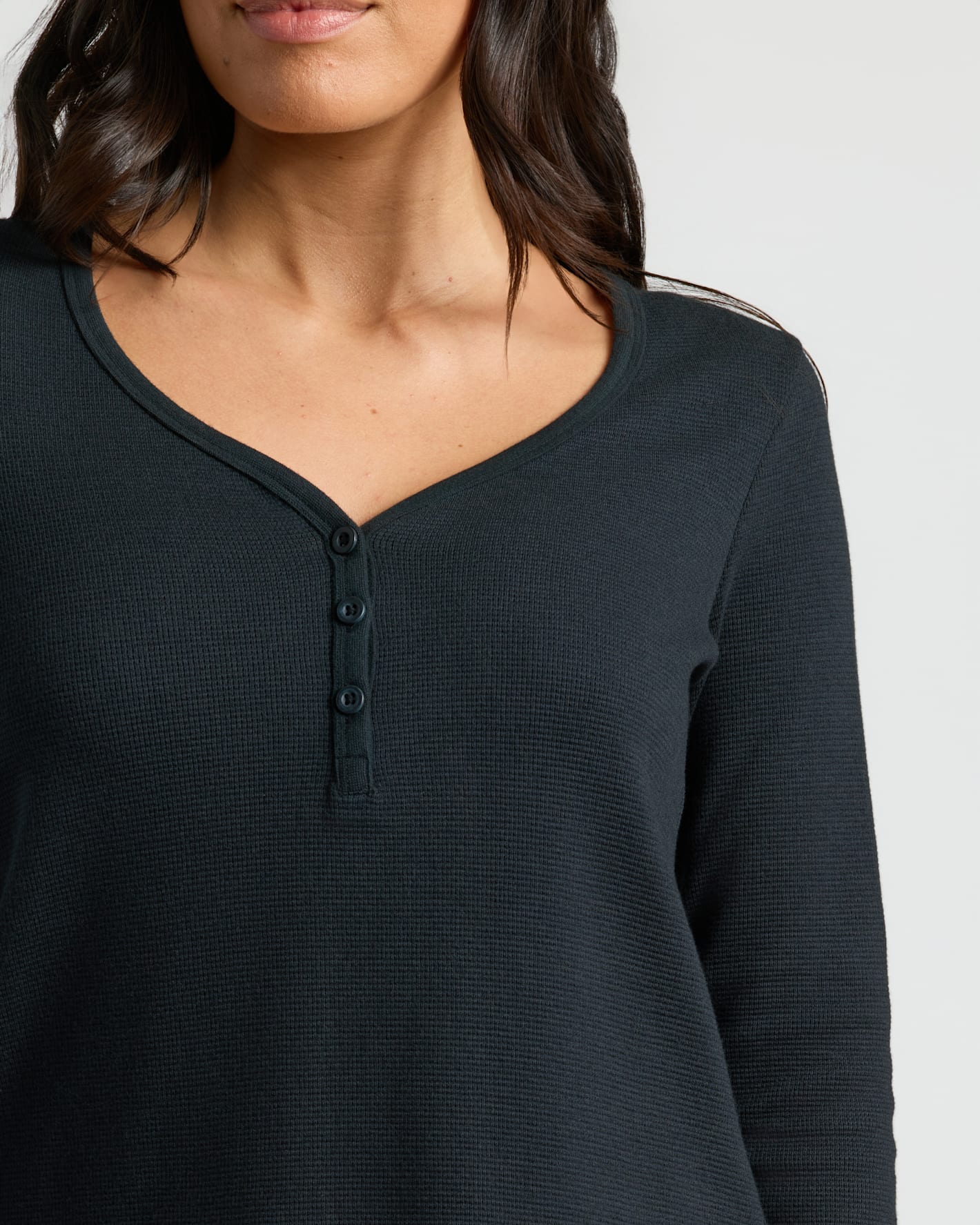 Womens Black Waffle Long Sleeve Boxy Henley - Image 4