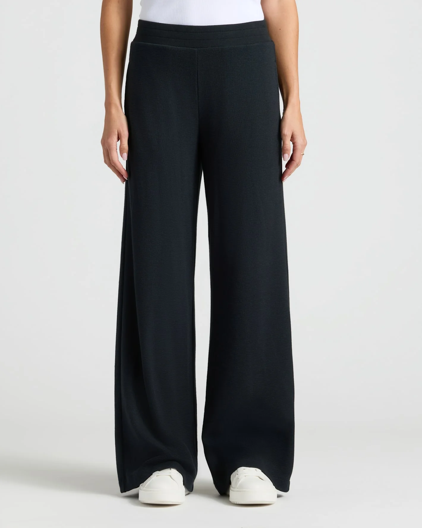 Womens Black Waffle Wide Leg Pants