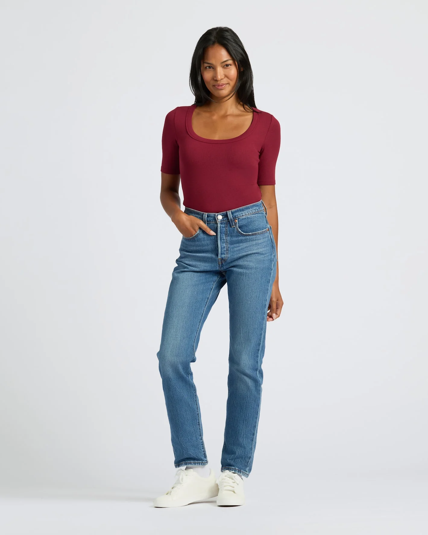 Womens Dark Maroon Ribbed 3/4 Sleeve Scoop Neck Tee - Image 3