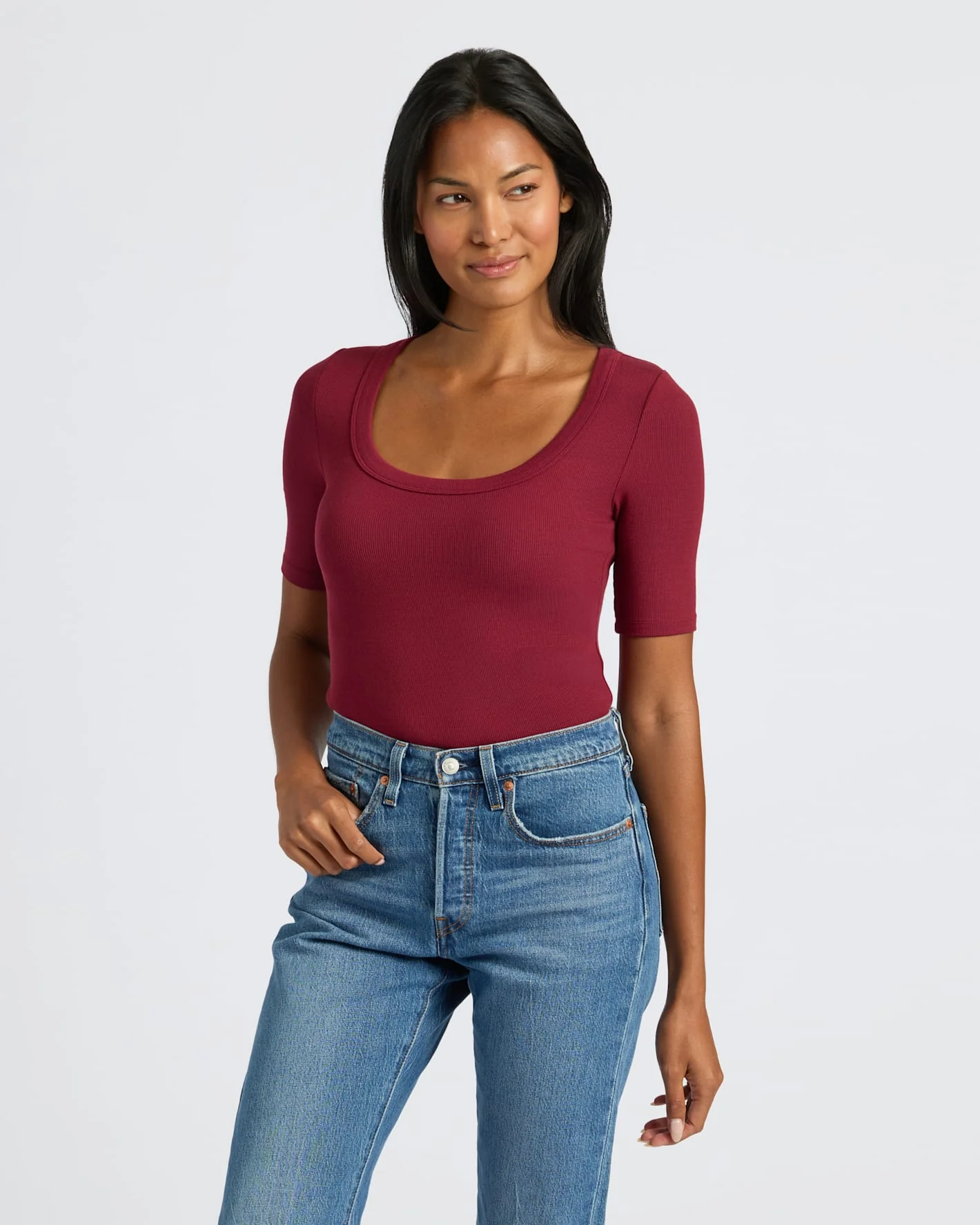 Womens Dark Maroon Ribbed 3/4 Sleeve Scoop Neck Tee - Image 6