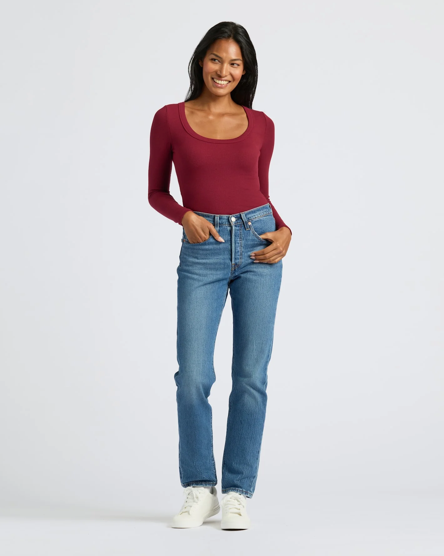 Womens Dark Maroon Ribbed Long Sleeve Scoop Neck Tee - Image 3