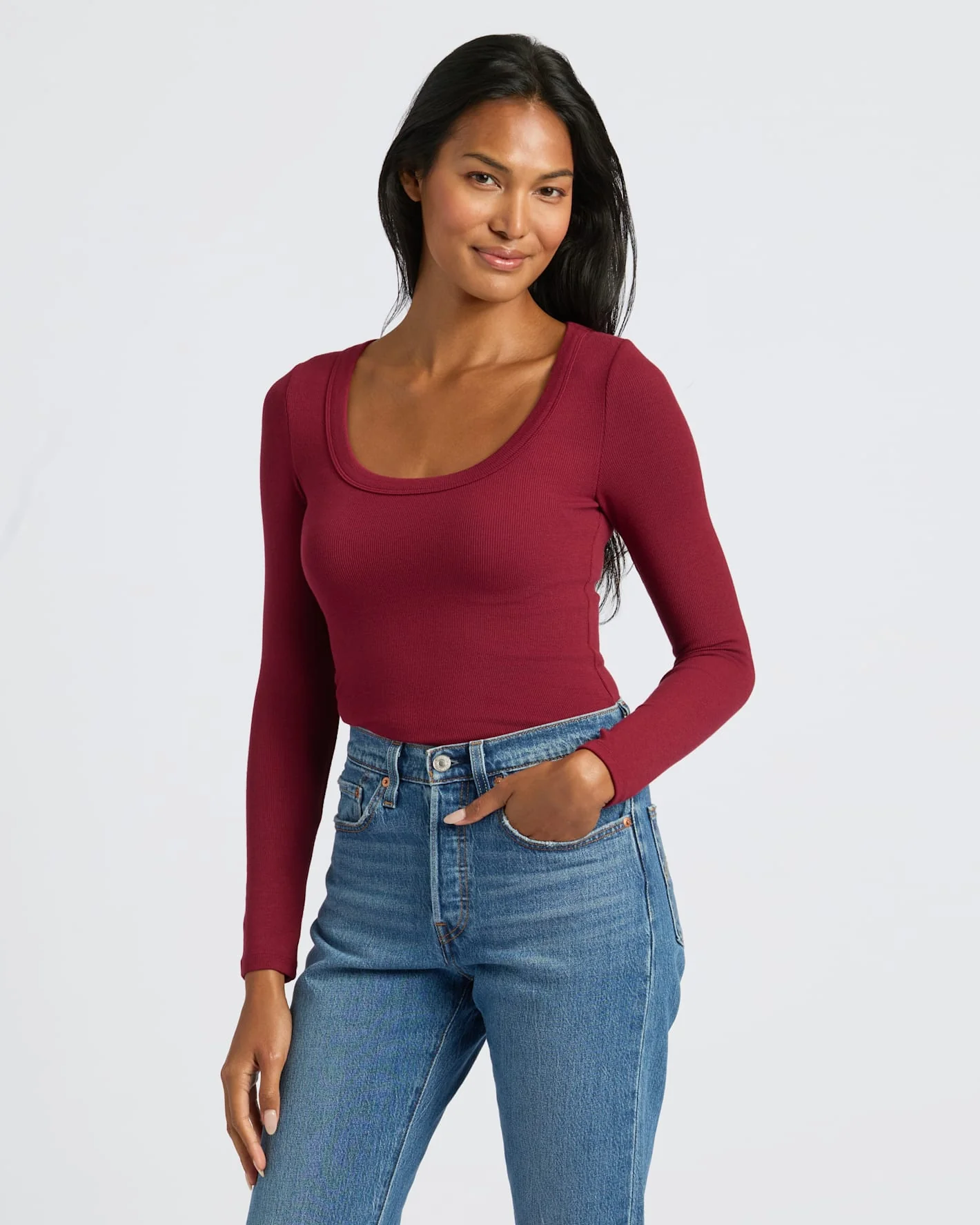 Womens Dark Maroon Ribbed Long Sleeve Scoop Neck Tee - Image 6