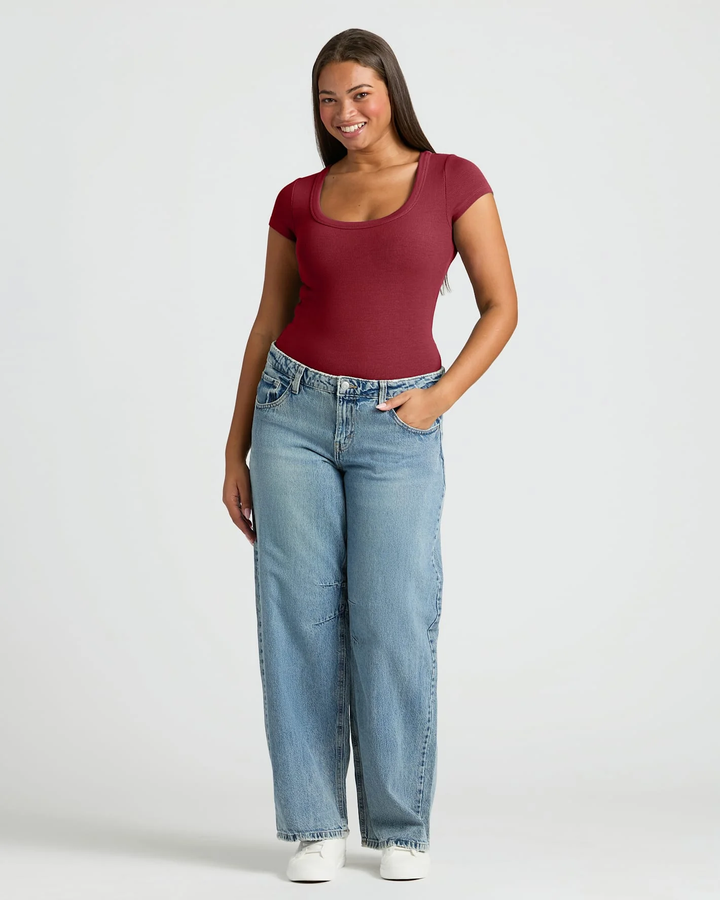 Womens Dark Maroon Ribbed U-Neck Tee - Image 3