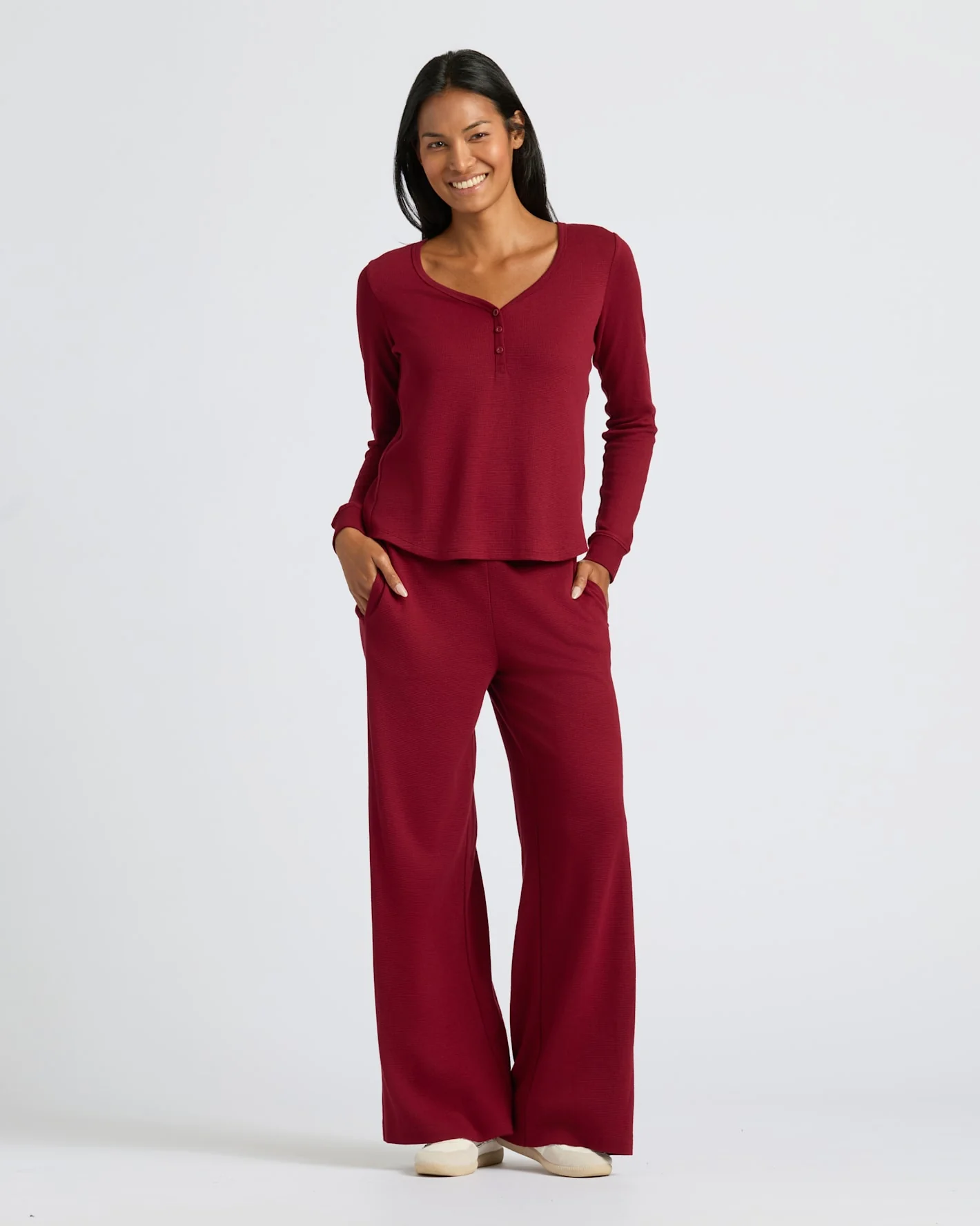 Womens Dark Maroon Waffle Long Sleeve Boxy Henley - Image 3