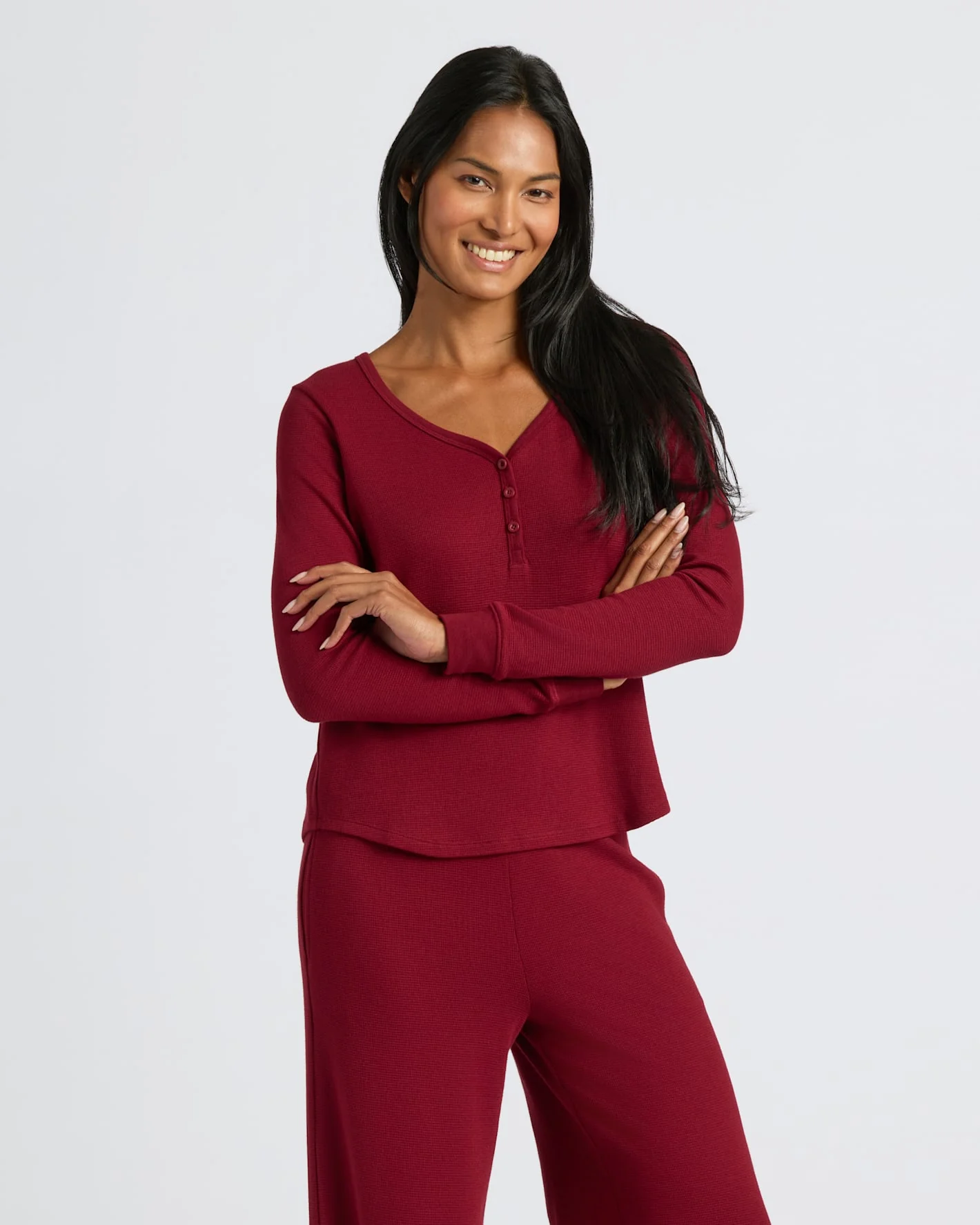 Womens Dark Maroon Waffle Long Sleeve Boxy Henley - Image 6