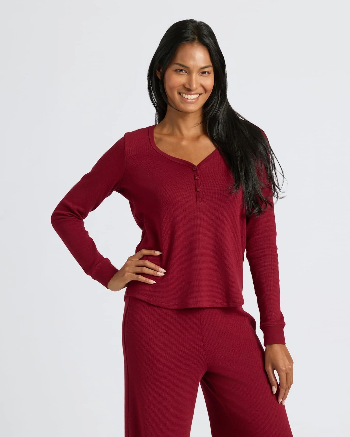 Womens Dark Maroon Waffle Long Sleeve Henley & Waffle Leg Pant 2-Pack - Image 3