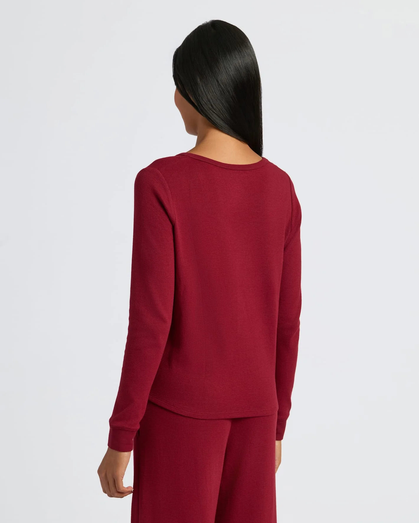 Womens Dark Maroon Waffle Long Sleeve Boxy Henley - Image 4