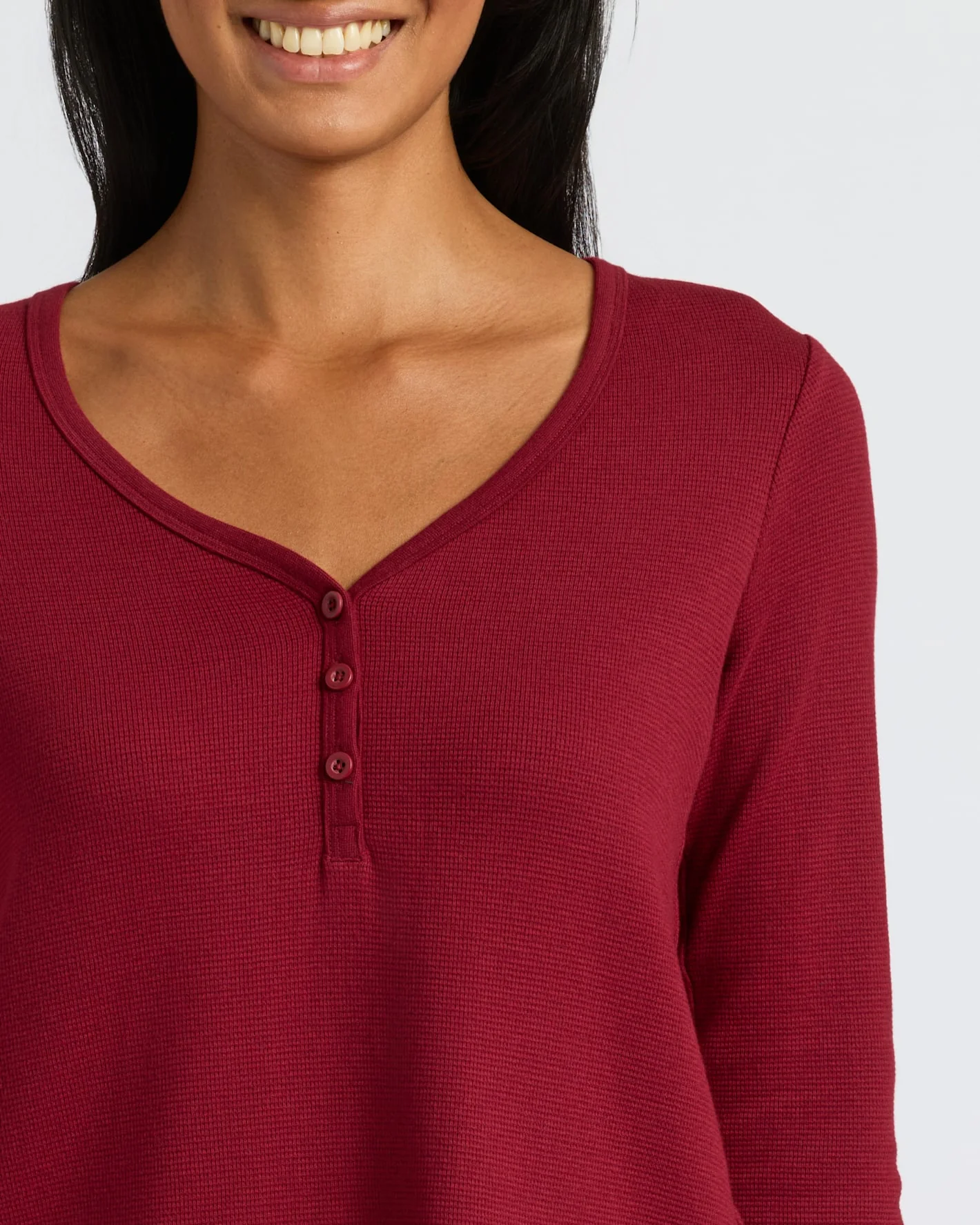 Womens Dark Maroon Waffle Long Sleeve Boxy Henley - Image 5