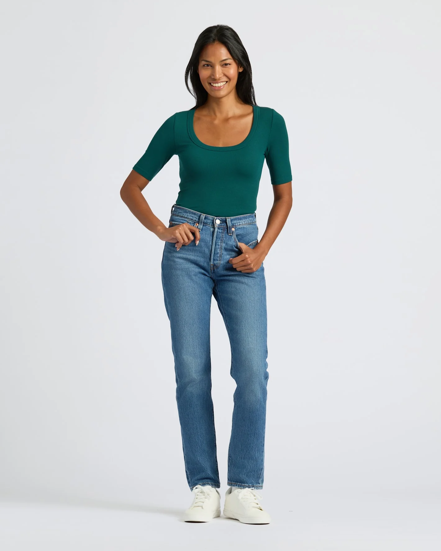 Womens Deep Emerald Ribbed 3/4 Sleeve Scoop Neck Tee - Image 3