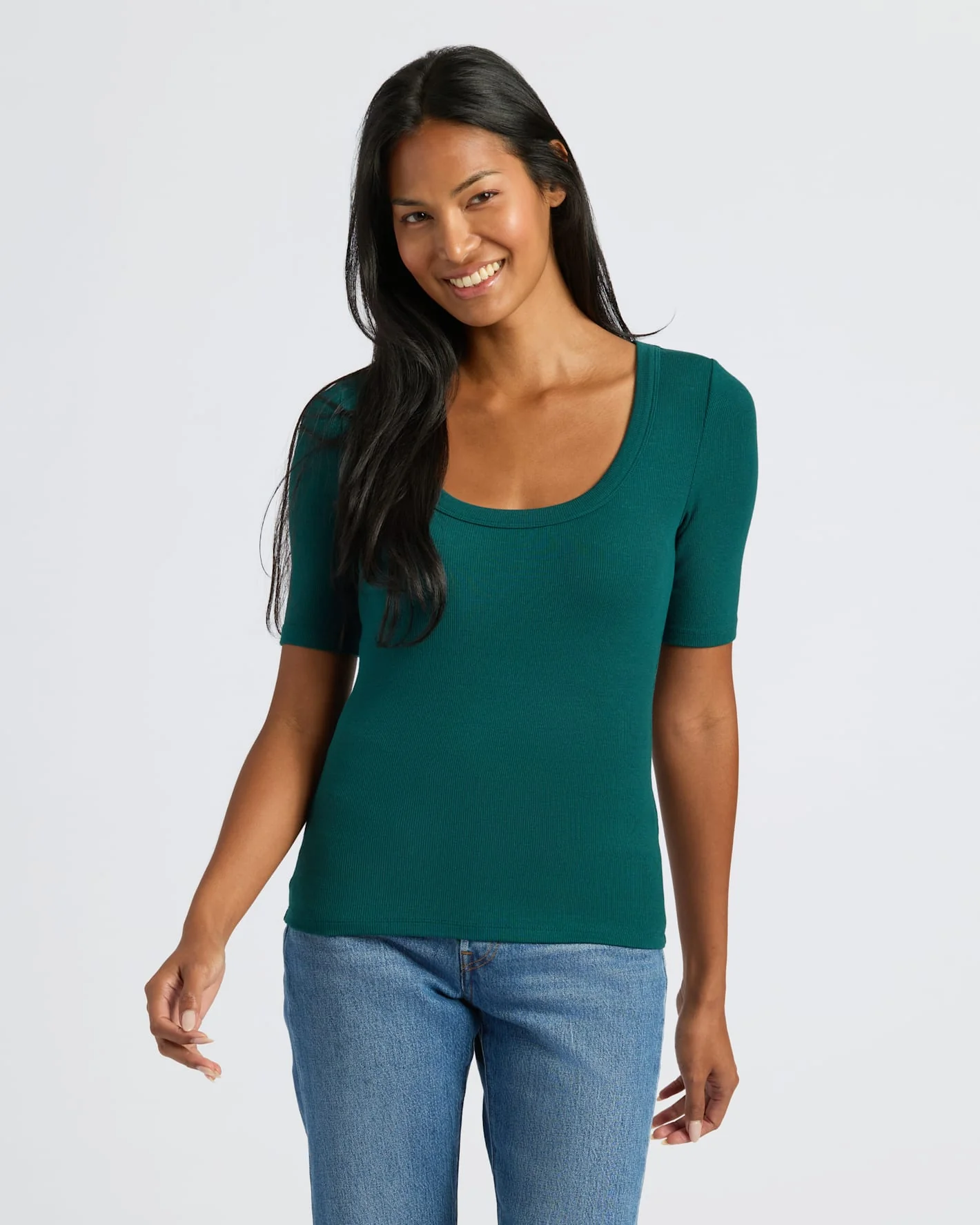 Womens Deep Emerald Ribbed 3/4 Sleeve Scoop Neck Tee - Image 6