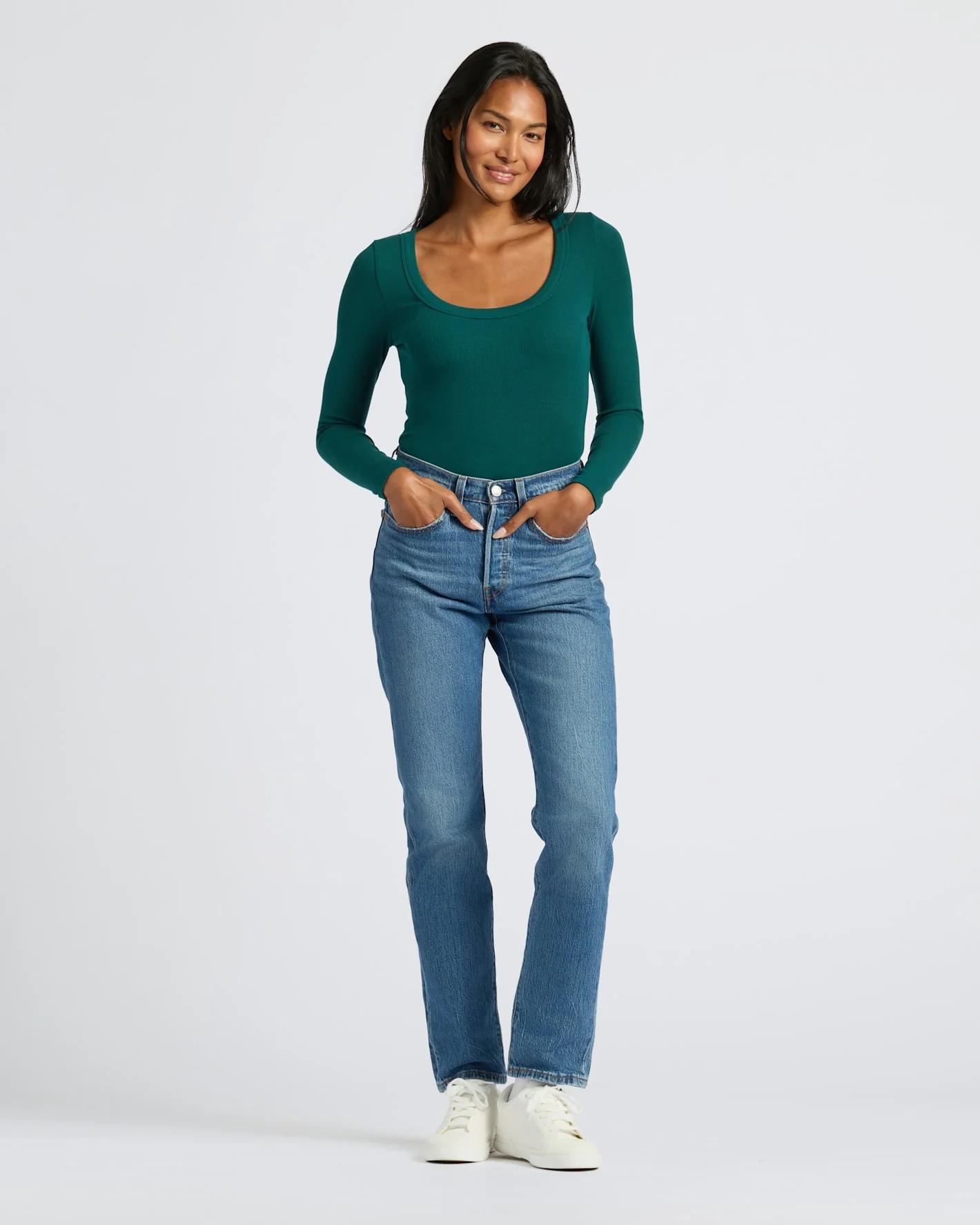 Womens Deep Emerald Ribbed Long Sleeve Scoop Neck Tee - Image 3