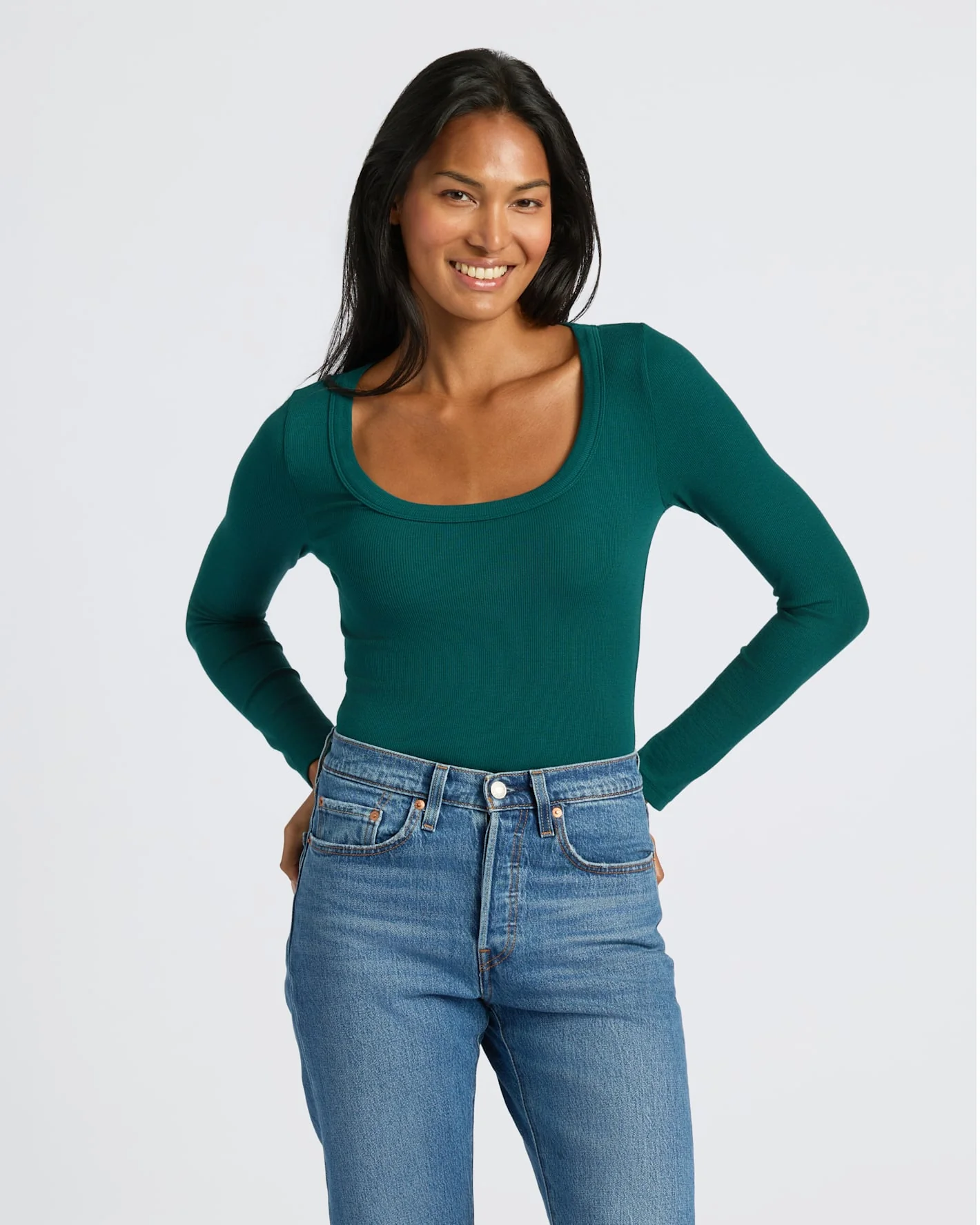 Womens Deep Emerald Ribbed Long Sleeve Scoop Neck Tee - Image 6