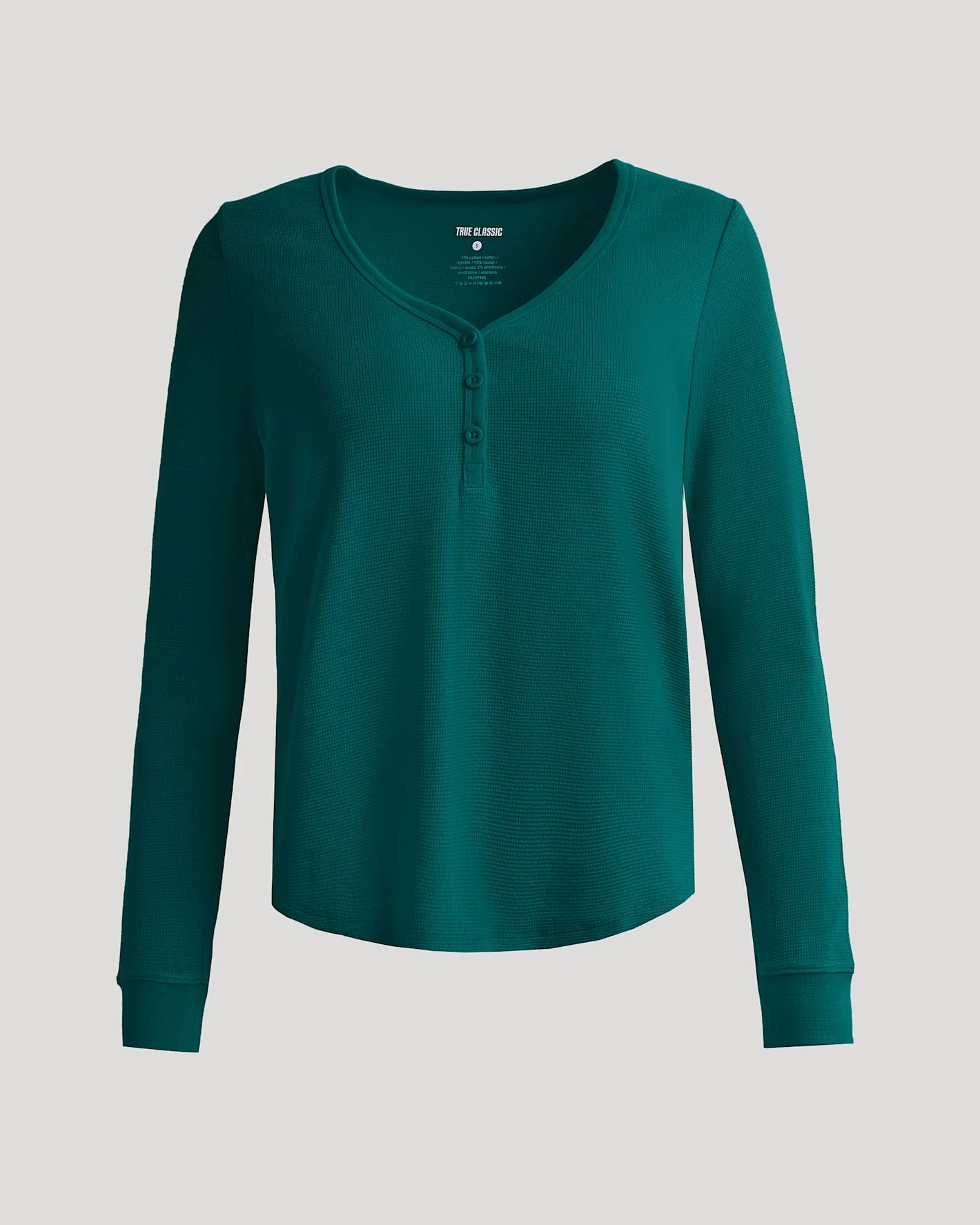 Womens Deep Emerald Waffle Long Sleeve Boxy Henley - Image 2