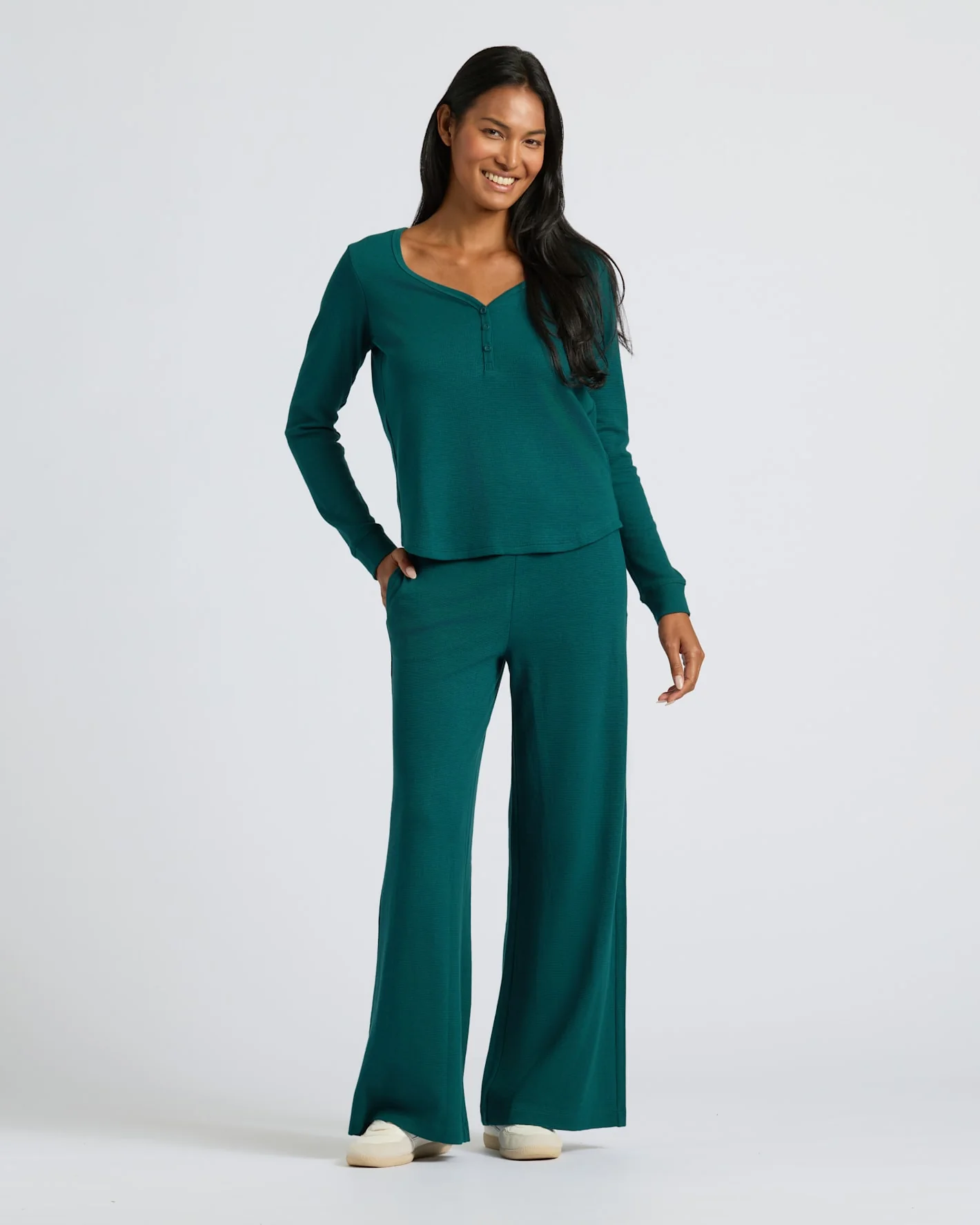 Womens Deep Emerald Waffle Long Sleeve Boxy Henley - Image 3
