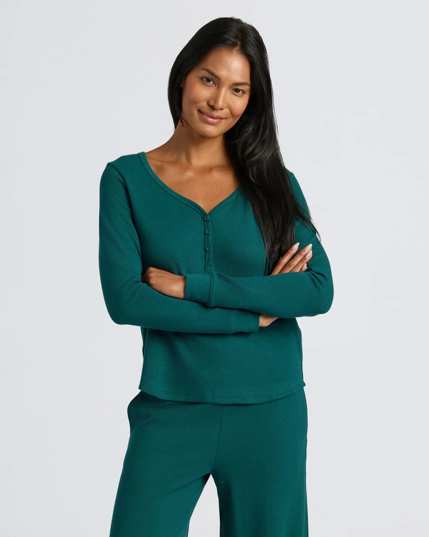 Womens Deep Emerald Waffle Long Sleeve Boxy Henley - Image 6