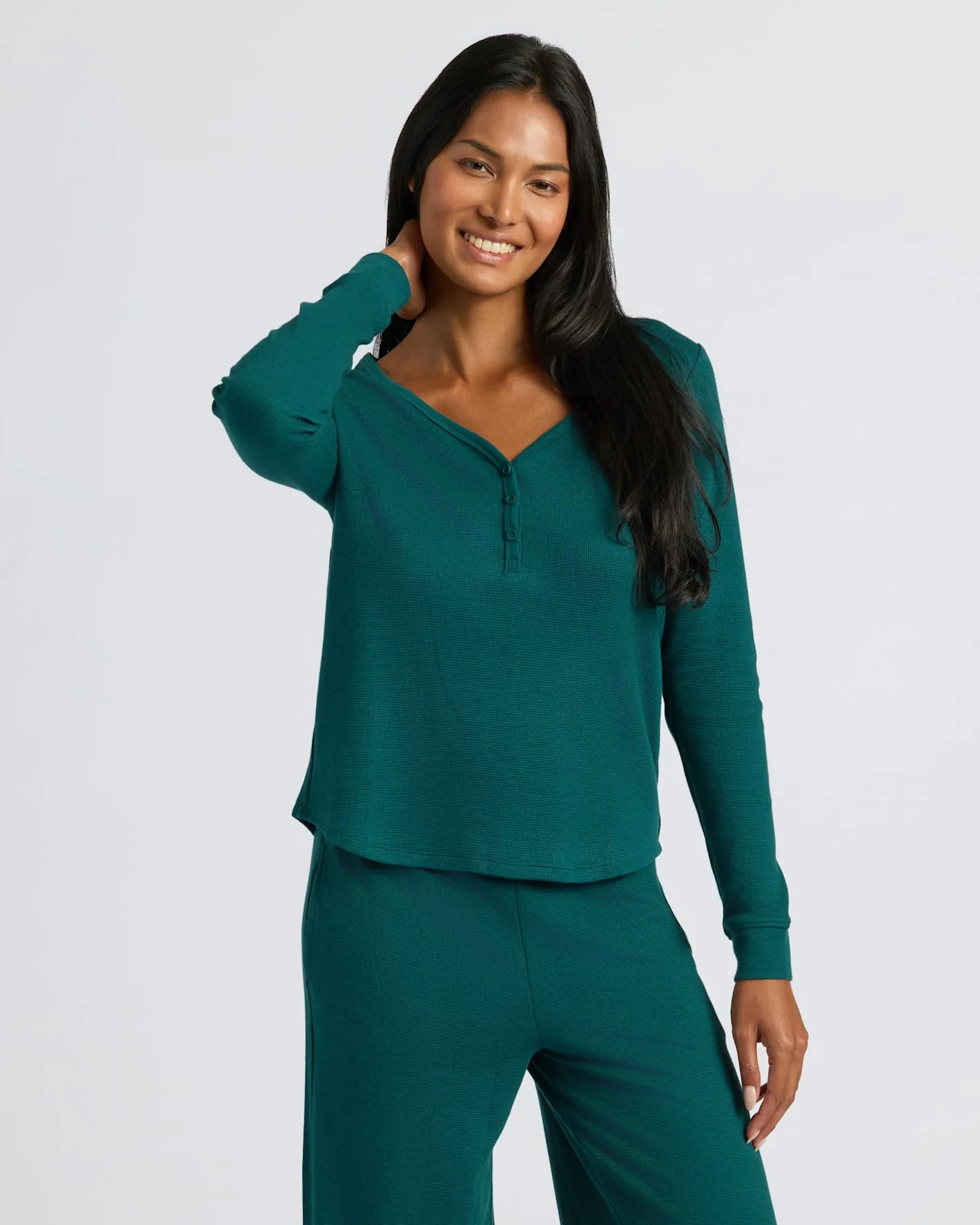 Womens Deep Emerald Waffle Long Sleeve Henley & Waffle Leg Pant 2-Pack - Image 3