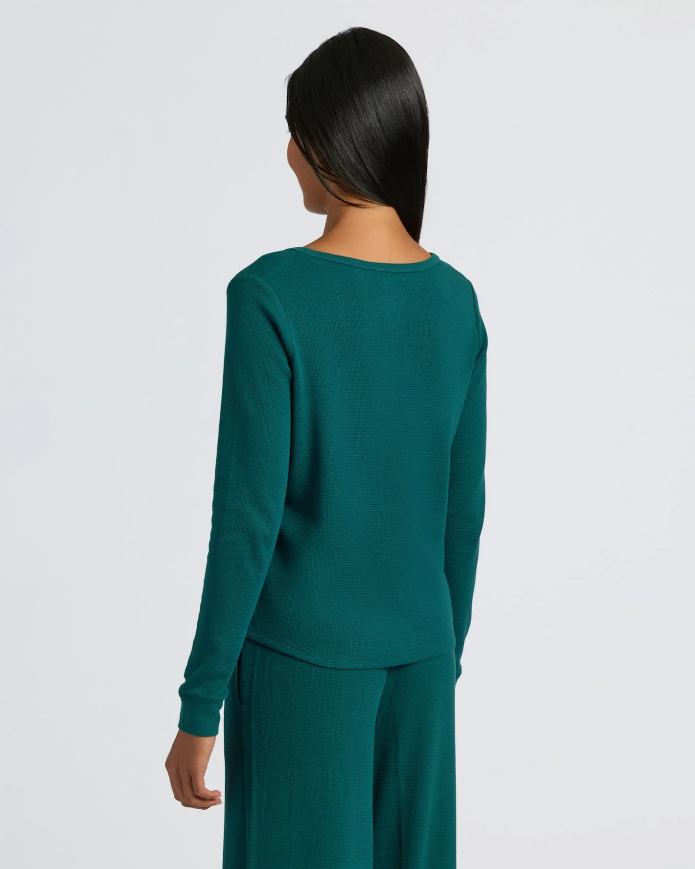 Womens Deep Emerald Waffle Long Sleeve Boxy Henley - Image 4