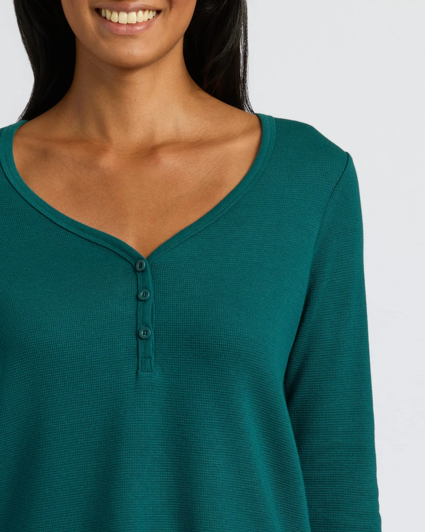 Womens Deep Emerald Waffle Long Sleeve Boxy Henley - Image 5