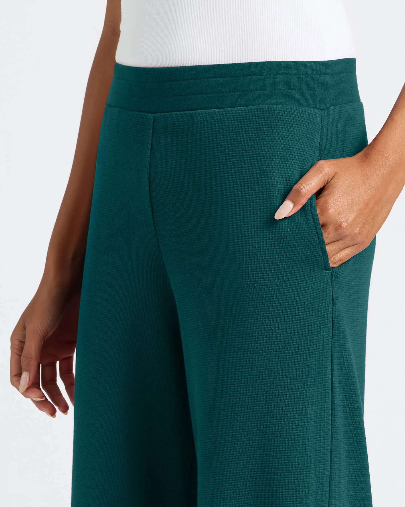 Womens Deep Emerald Waffle Wide Leg Pants - Image 5