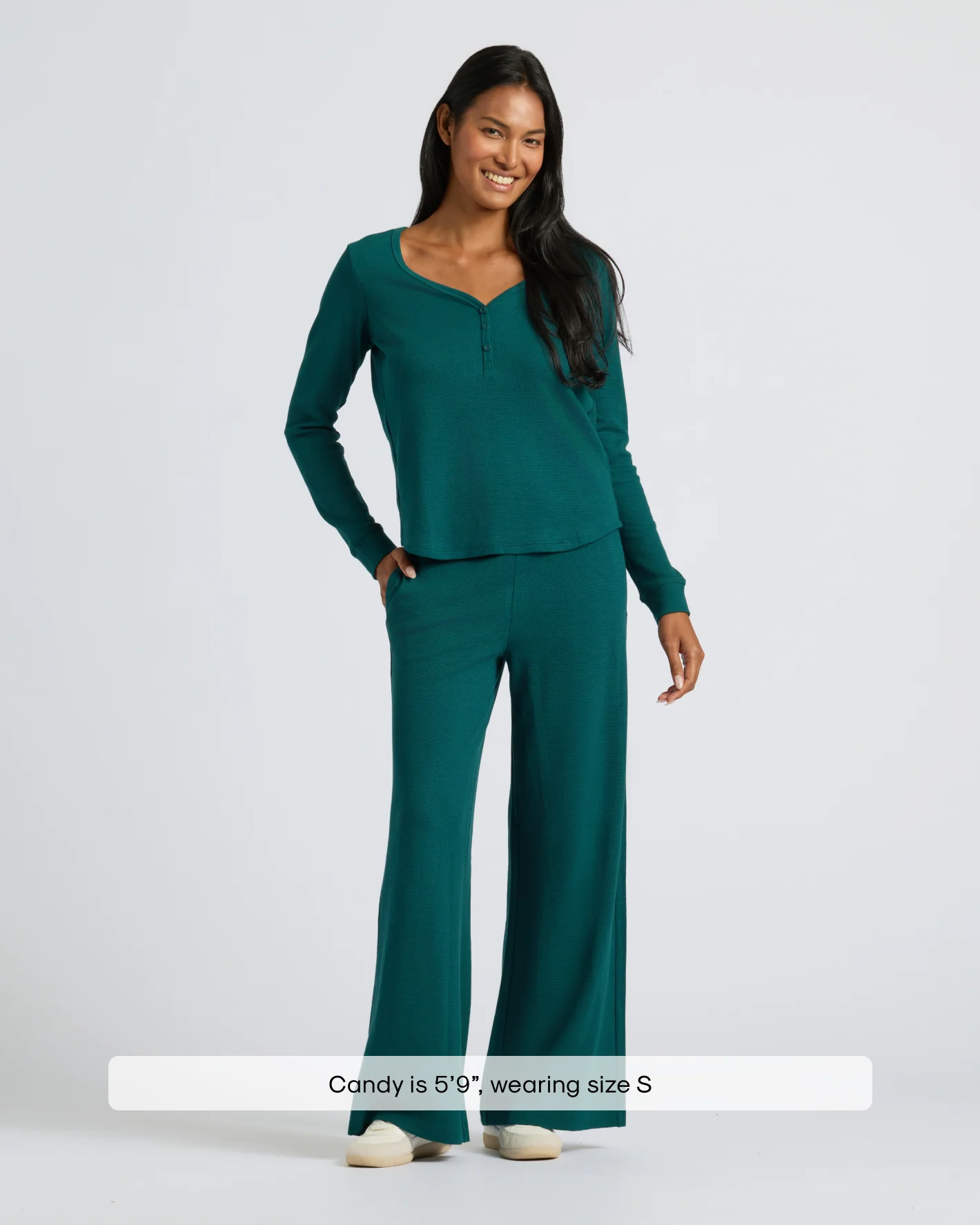 Womens Deep Emerald Waffle Wide Leg Pants - Image 3