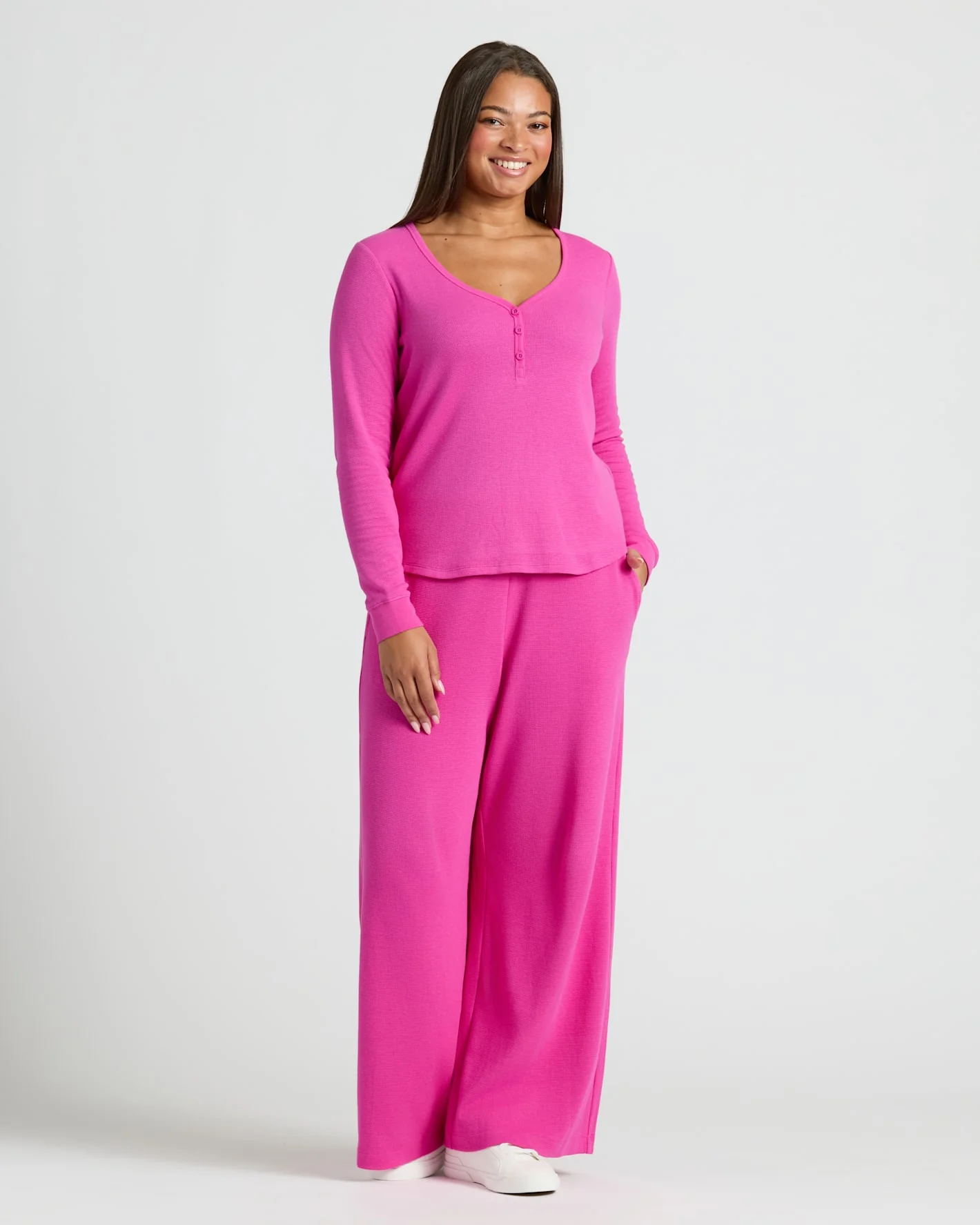 Womens Electric Fuchsia Waffle Long Sleeve Boxy Henley - Image 3