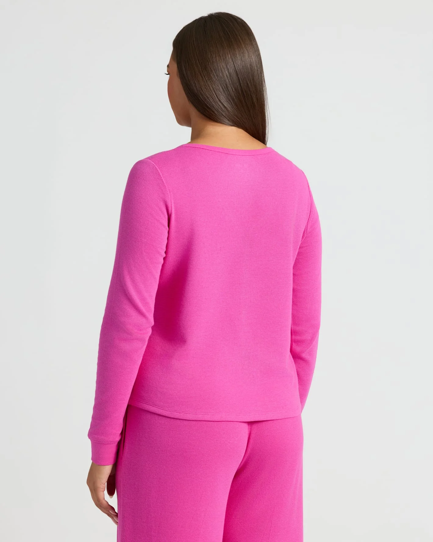 Womens Electric Fuchsia Waffle Long Sleeve Boxy Henley - Image 4