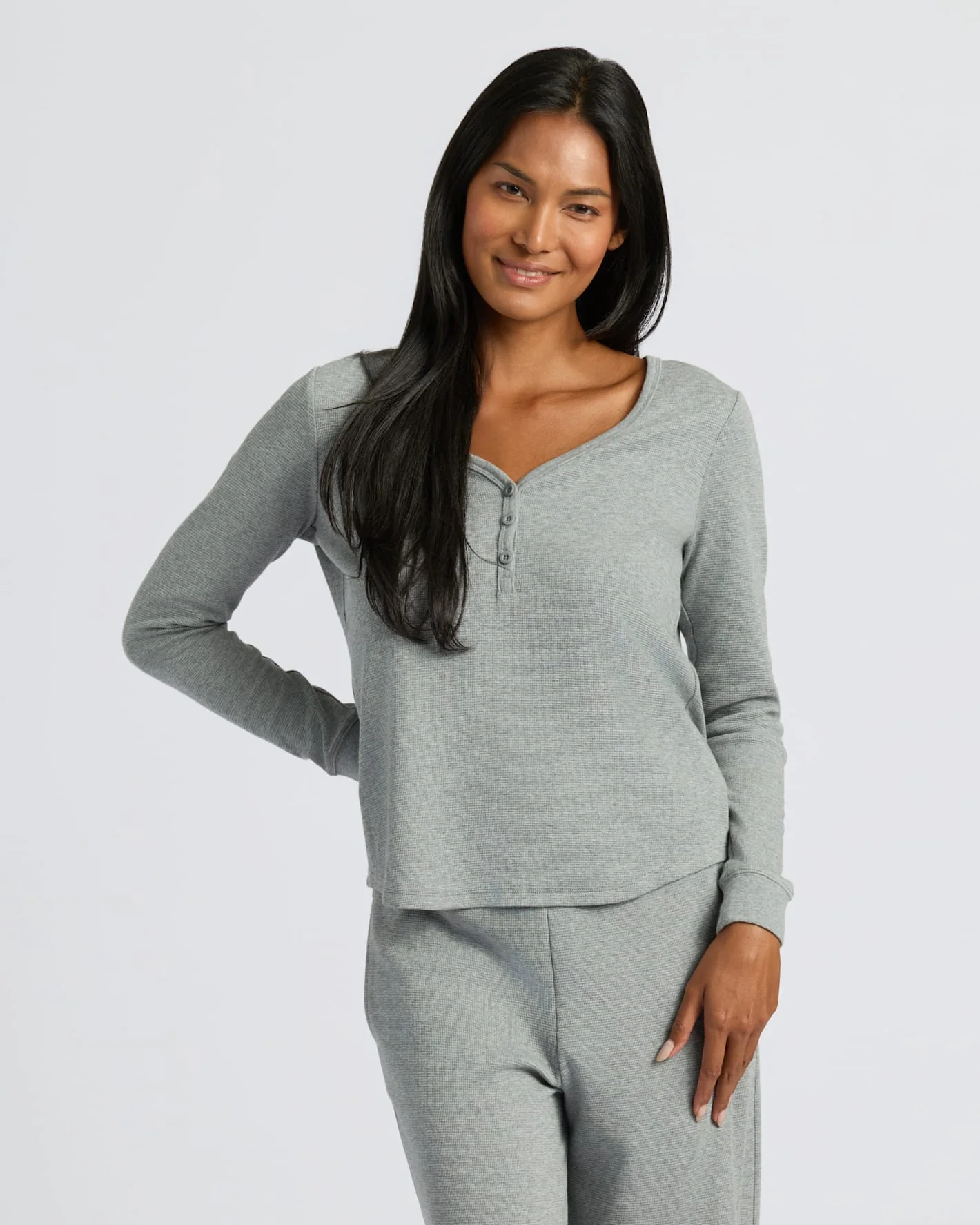 Womens Heather Gray Waffle Long Sleeve Boxy Henley