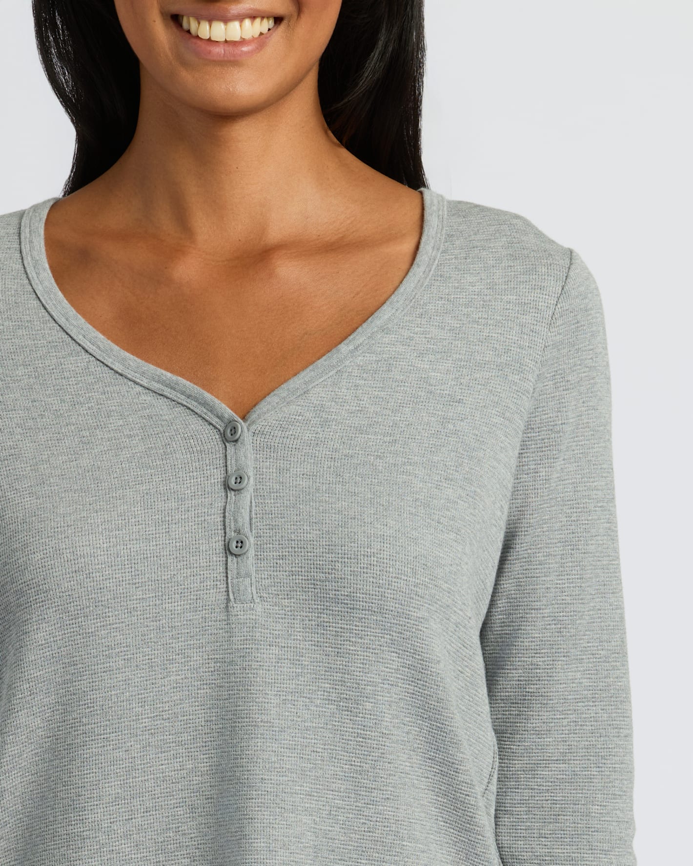 Womens Heather Gray Waffle Long Sleeve Boxy Henley - Image 5