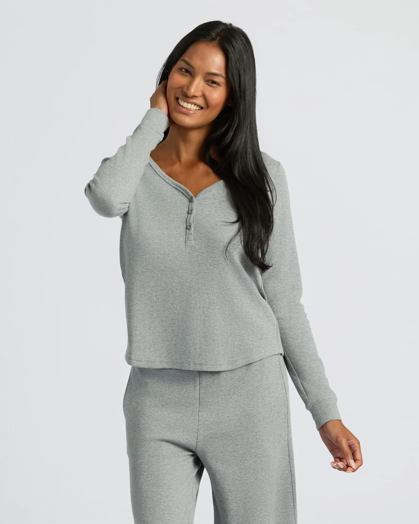 Womens Heather Gray Waffle Long Sleeve Henley & Waffle Leg Pant 2-Pack - Image 2