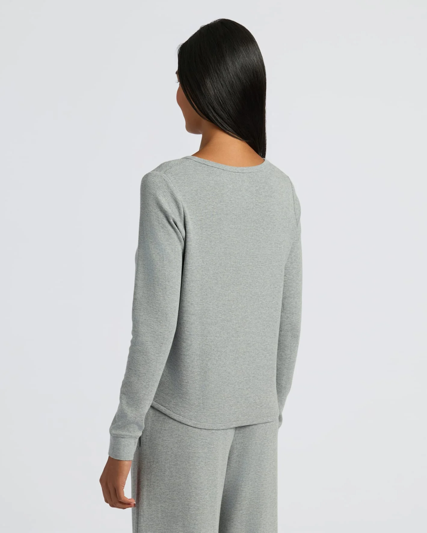 Womens Heather Gray Waffle Long Sleeve Boxy Henley - Image 4