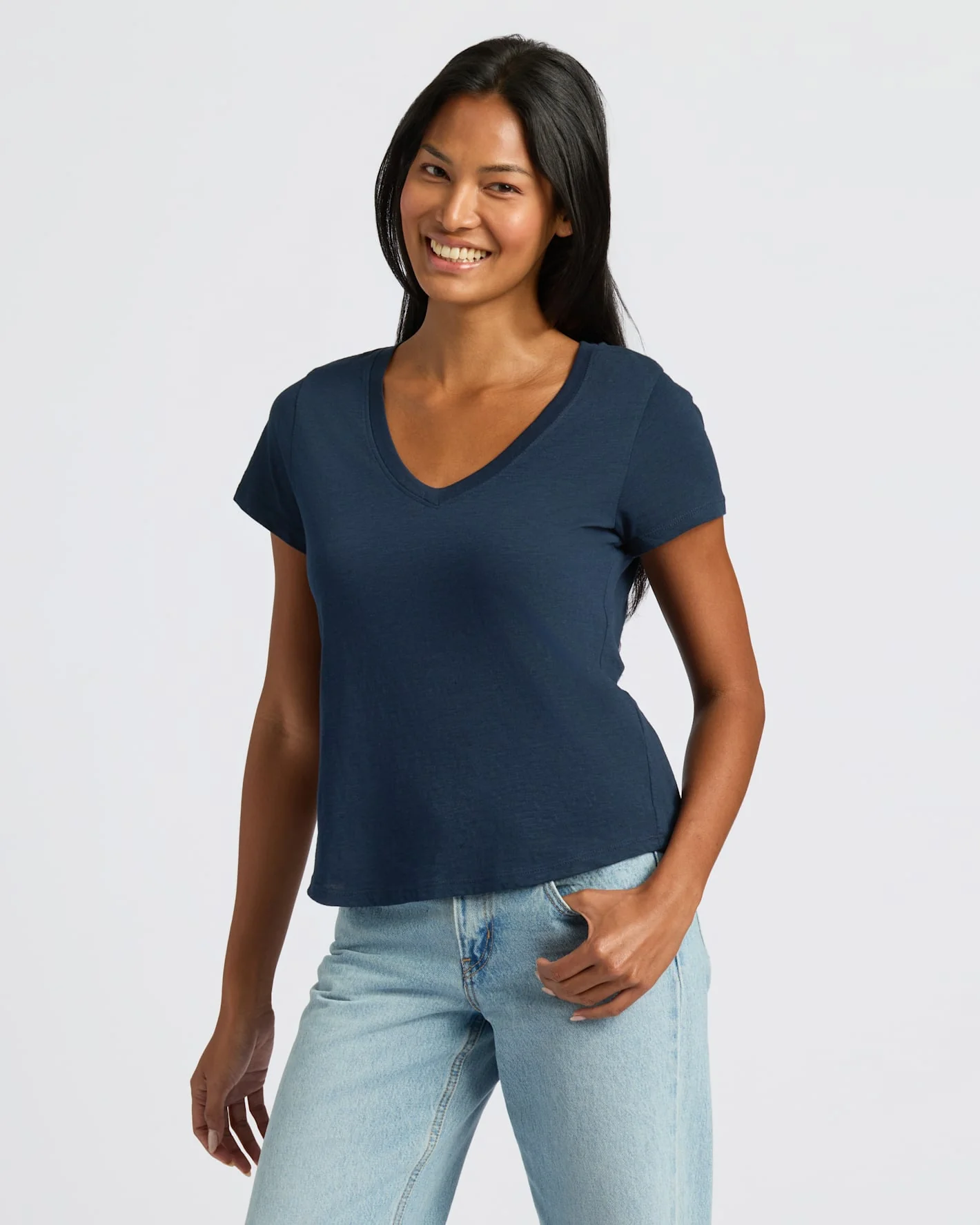 Womens Navy Relaxed Slub V-Neck Tee - Image 6