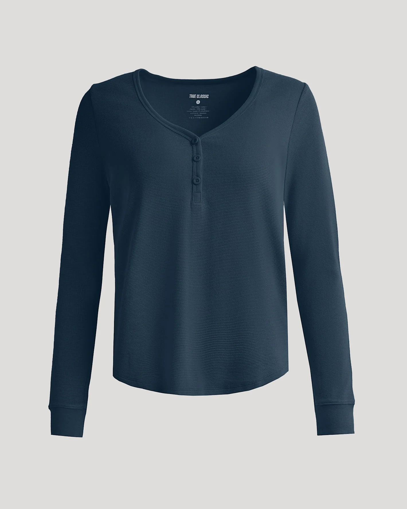 Womens Navy Waffle Long Sleeve Boxy Henley - Image 2