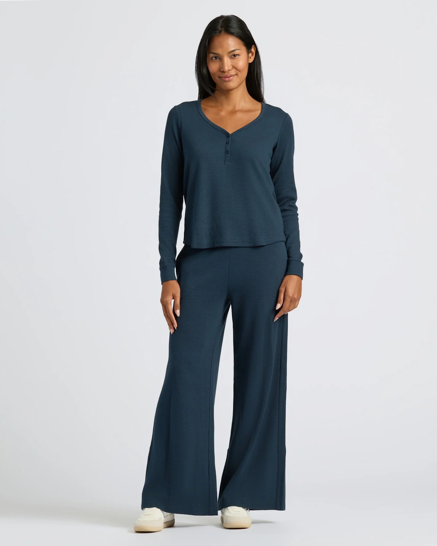 Womens Navy Waffle Long Sleeve Boxy Henley - Image 3