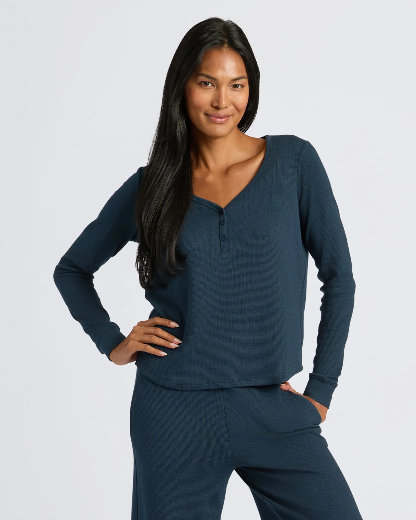 Womens Navy Waffle Long Sleeve Boxy Henley - Image 5