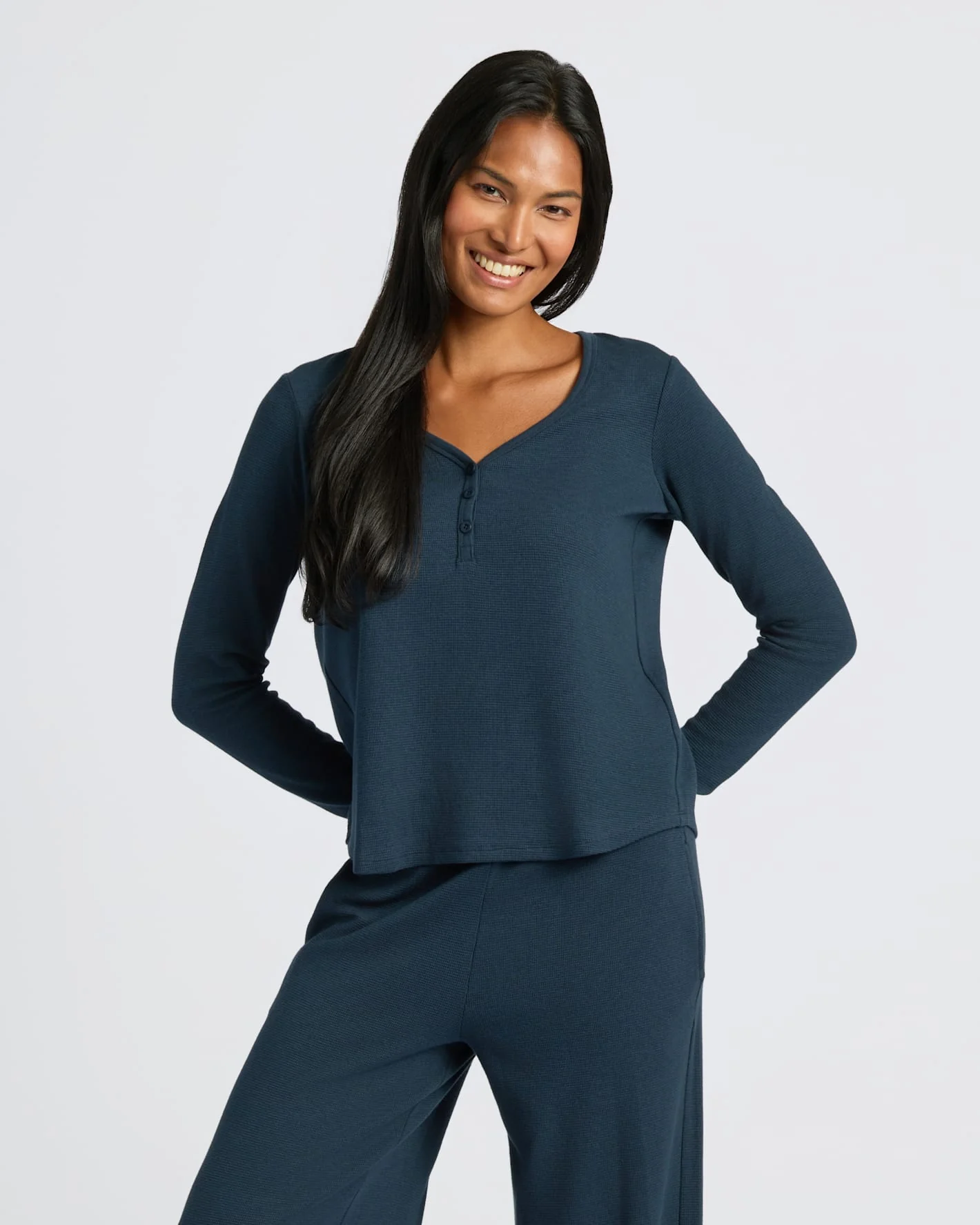 Womens Navy Waffle Long Sleeve Henley & Waffle Leg Pant 2-Pack - Image 3